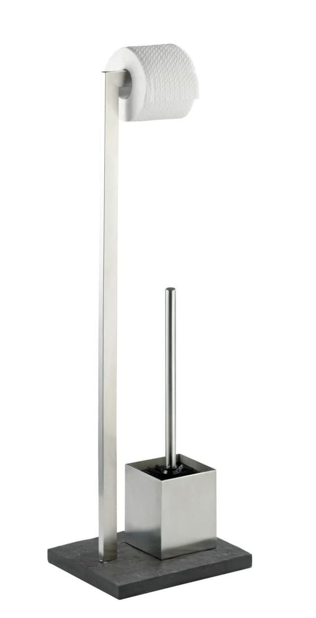 WENKO Stand WC-Garnitur Slate-Rock, Ständer für Toilettenpapier & Toilettenbürste, WC-Papierhalter in Schiefer-Optik, stehender Rollenhalter inkl. Bürste, rostfreier Edelstahl, Anthrazit, 73.5 x 19.5 x 23 cm