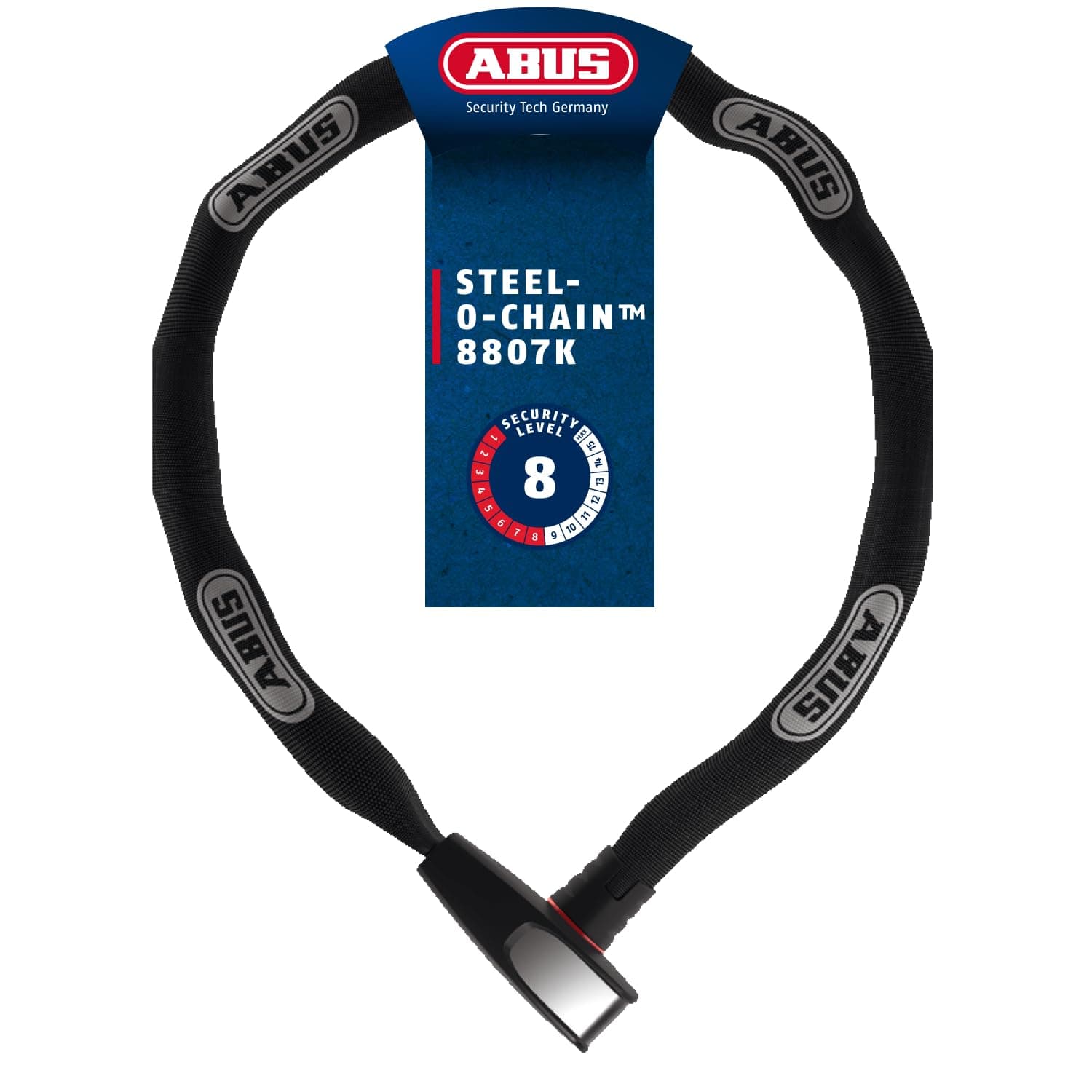 ABUS Kettenschloss Steel-O-Chain 8807K – Flexibles Fahrradschloss aus gehärtetem Stahl – ABUS-Sicherheitslevel 8 Schwarz 110 cm Single