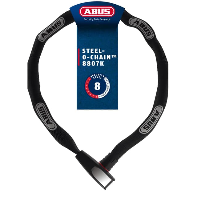ABUS Kettenschloss Steel-O-Chain 8807K – Flexibles Fahrradschloss aus gehärtetem Stahl – ABUS-Sicherheitslevel 8 Schwarz 110 cm Single