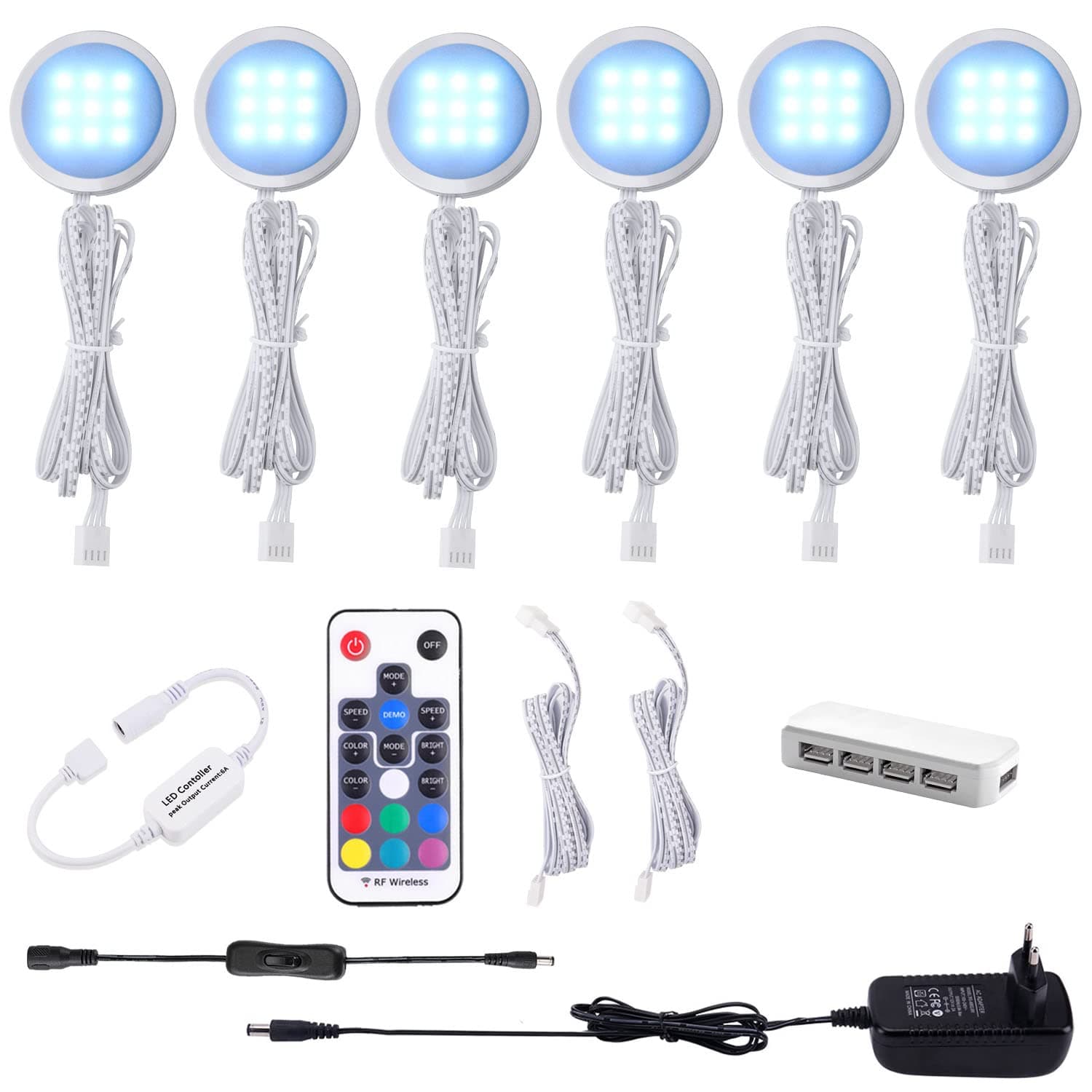 AIBOO RGB LED Schrankbeleuchtung 6er Set, 12V LED Unterbauleuchte Farbwechsel mit Fernbedienung, Dimmbar RGB Vitrinenbeleuchtung LED für die Beleuchtung von Küchenschränken 6 Stück (1er Pack)