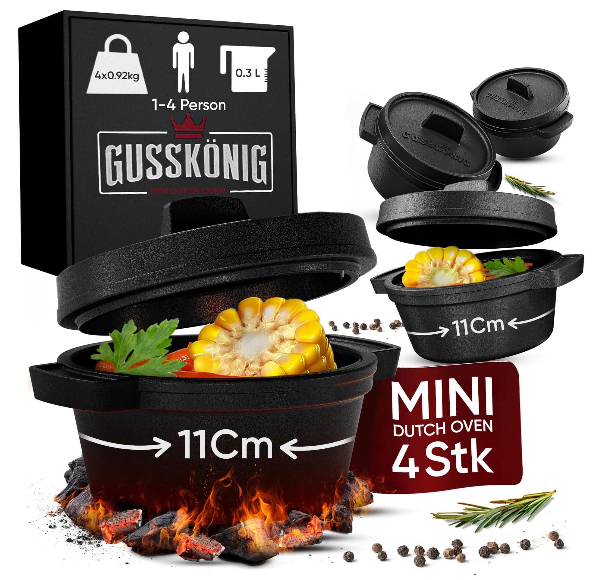 GUSSKÖNIG Dutch Oven Set Mini - 4x 300ml Gusseisen Mini Topf mit Deckel - bereits eingebrannter Mini Dutch Oven - Mini Cocotte Gusseisen Servierpfännchen 4x Mini-Dutch oven