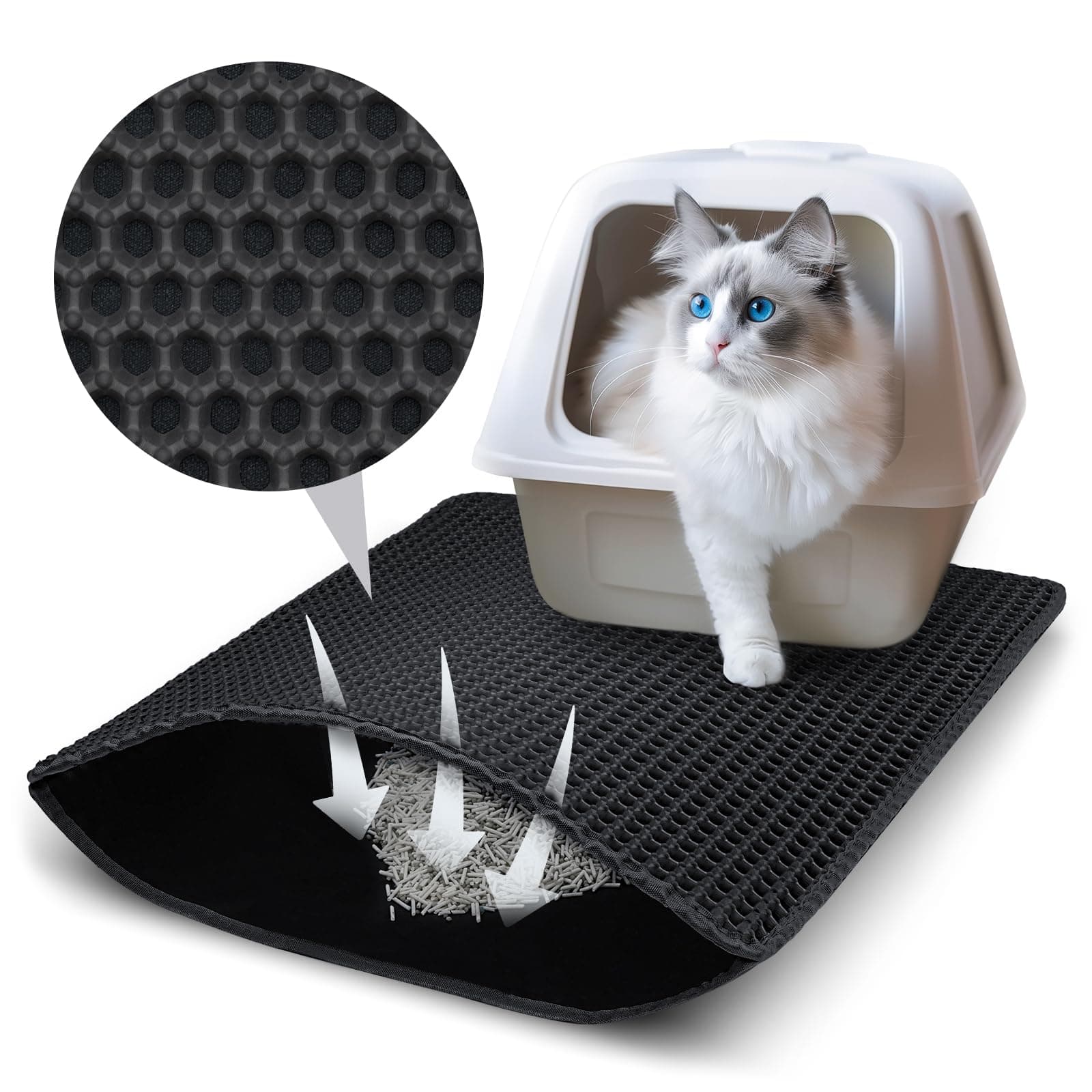 Katzenklo Matte, 50x40 cm Katzenstreu Matte, Doppelte Schichte Non-Slip wasserdichte Entwurf Katzenmatte Katzenklo, Bienenwabe Matte Katzentoilette, Cat Litter Mat Streu Kontrolle Schwarz: 50x40cm