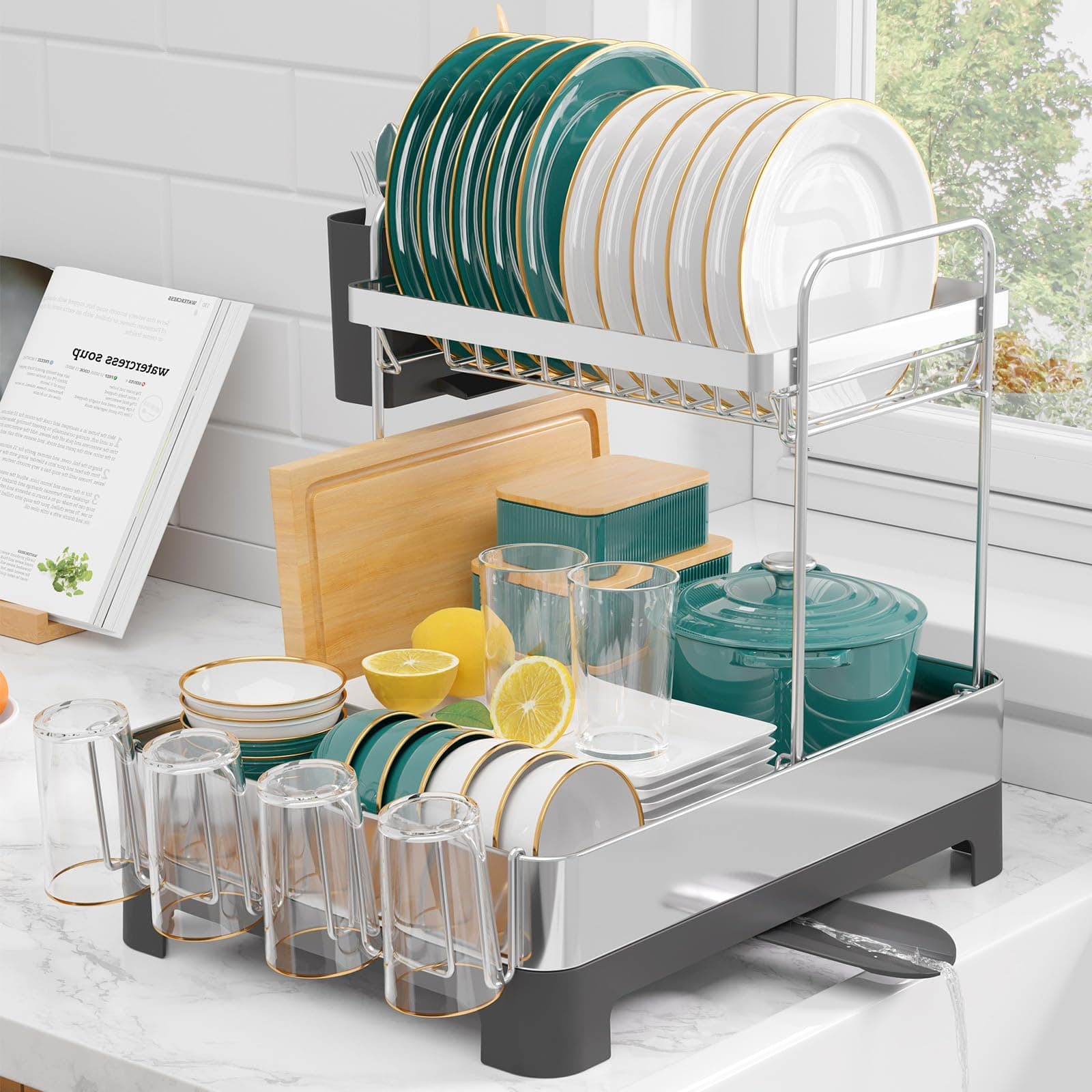 Kitsure Abtropfgestell Geschirr – 2-Tier rostfreies Abtropfgestell mit Besteck- und Tassenhaltern, platzsparendes Geschirrabtropfgestell für Küchenarbeitsplatten, 38,6 x 32,0 x 44,5 cm, Dunkelgrau Dunkelgrau 38,6 x 32,0 x 44,5 cm