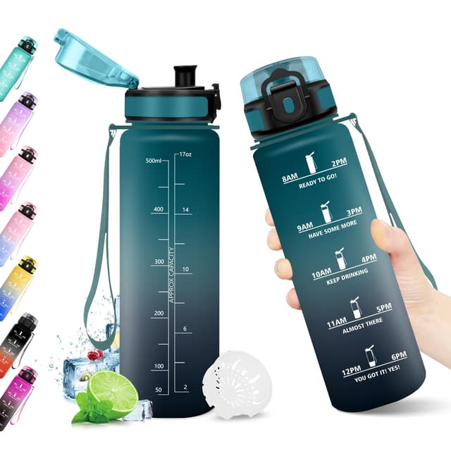 Trinkflasche 500ml, Wasserflasche mit Zeitmarkierung, Trinkflasche mit Filter, Auslaufsicher, BPA-frei, Sportflasche für Fitness, Fahrrad, Büro, Schule, Outdoor, Yoga, Erwachsene, Sprudel geeignet 500ml Dunkelgrün + Grau 500 ml