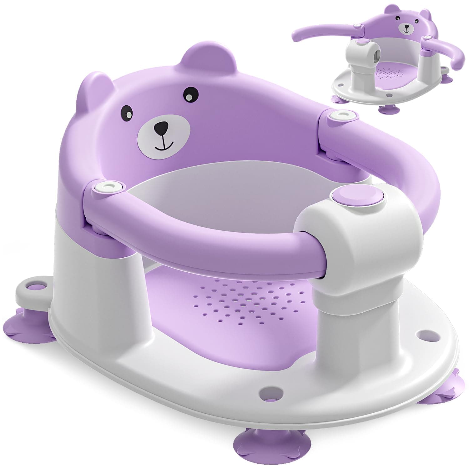 Badewannensitz Baby ab 6 Monate, Bär Rutschfester Badesitz Baby mit 4 Saugnäpfen und Kissen für Kleinkinder und Neugeborene, Sicherer Tragbarer Badstuhl für Dusche oder Badewanne, Lila Violett