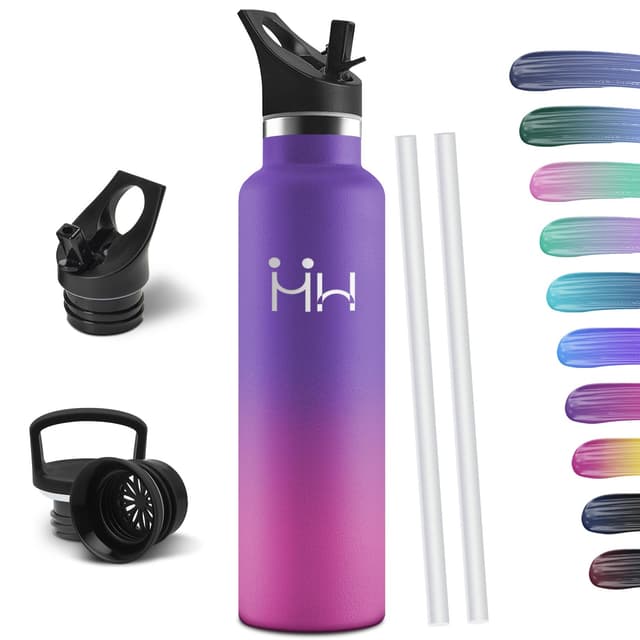 HoneyHolly Trinkflasche 1L, BPA-Frei, Trinkflasche Edelstahl, Thermosflasche, Auslaufsichere Isolierflasche Doppelwandig, Wasserflasche, Thermoskanne, mit Strohhalm, Trinkflaschen Kohlensäure Geeignet 1000 ml Tiefes Lila & Rosenrot - 1000ml