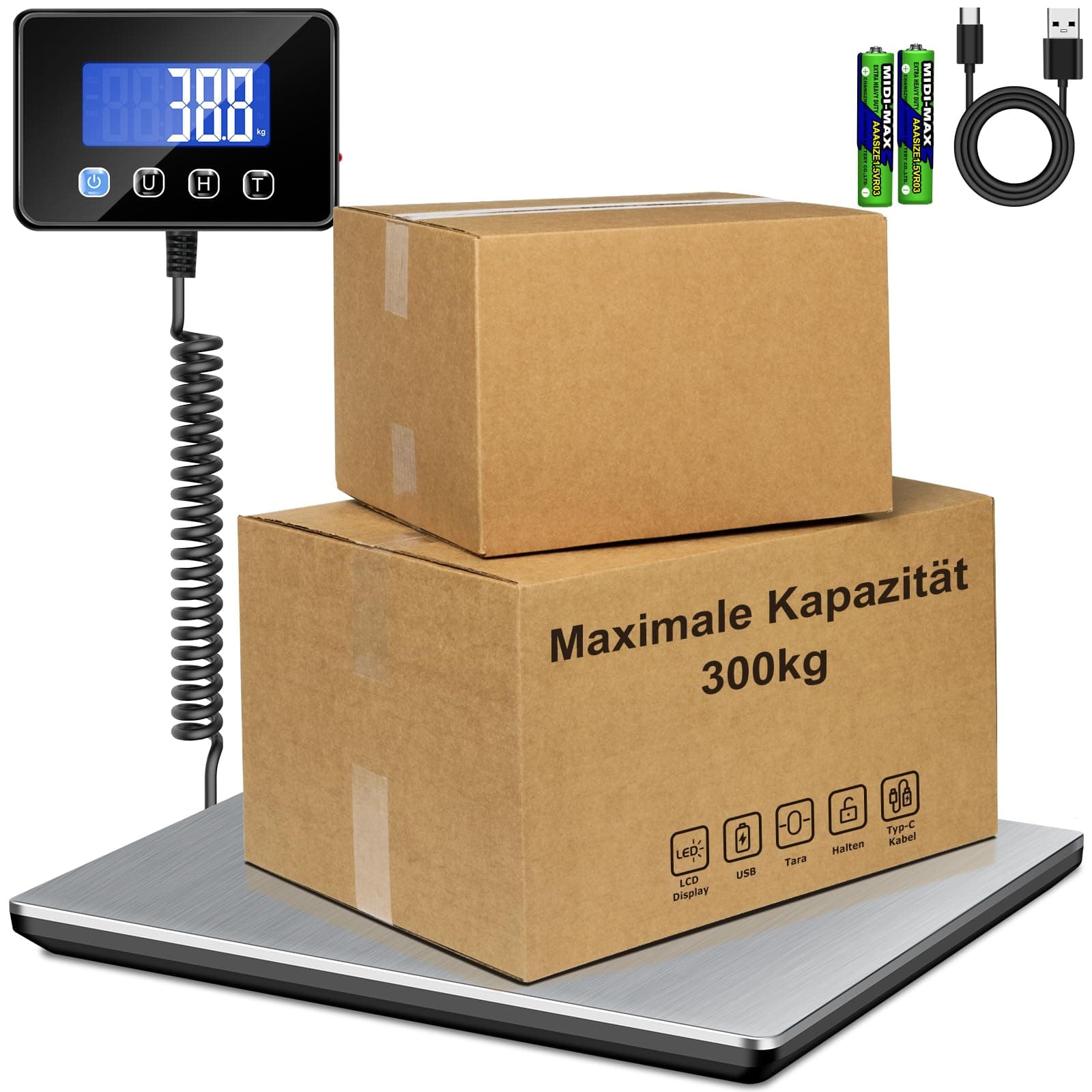 RAOYAN Paketwaage 300kg Plattformwaage 20g Genauigkeit Briefwaage, Kofferwaage für Pakete/Lager/Gepäck,Paketwaage mit LCD/Hold/Tara Funktion, Batterien&Typ-C 300kg Paketwaage