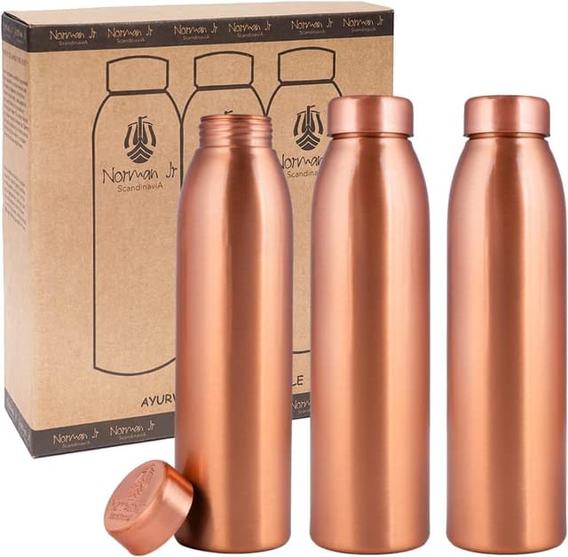 NORMAN JR Kupfer-Wasserflasche 1L – Geschenkbox mit 3 Stück, Schlicht, ein ayurvedisches Gefäß aus reinem Kupfer – hilft Ihnen, mehr Wasser zu trinken, mit vielen gesundheitlichen Vorteilen 1000ml packung mil 3 3 Schlicht