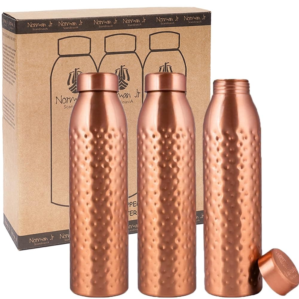 NORMAN JR Kupfer-Wasserflasche 1L – Geschenkbox mit 3 Stück, Gehämmert, ein ayurvedisches Gefäß aus reinem Kupfer – hilft Ihnen, mehr Wasser zu trinken, mit vielen gesundheitlichen Vorteilen 1000ML Packung mit 3 Gehämmert