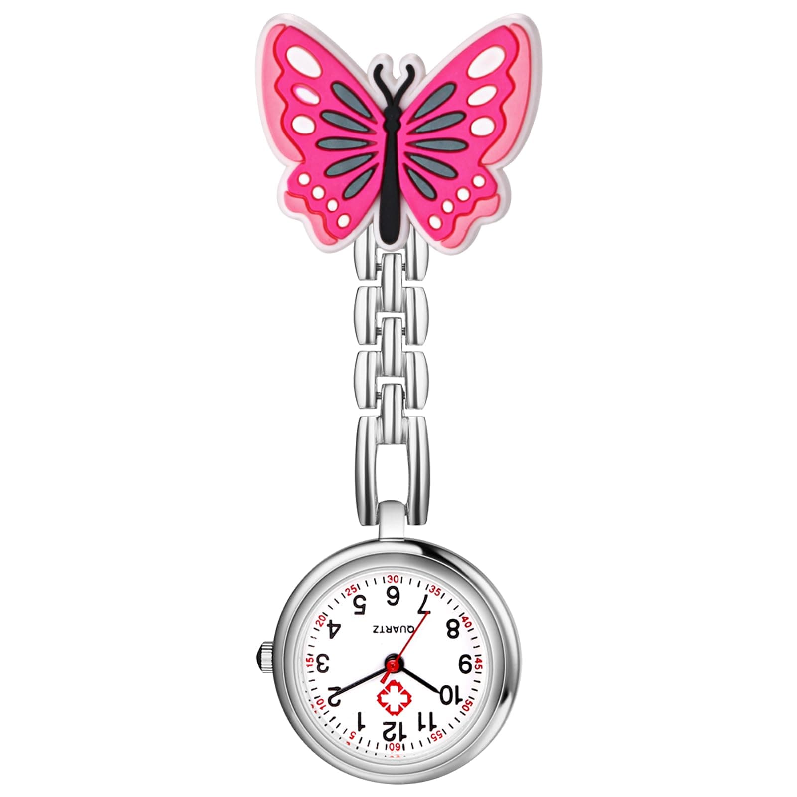 Avaner Krankenschwesteruhr mit Clip Cartoon Schmetterling: Taschenuhr mit Brosche Arbeitsuhr Schwesteruhr Kitteluhr FOB Uhr Pflegeruhr Anlog Quarzuhr für Arzt Doktor Krankenschwester Medical Rot-rosa