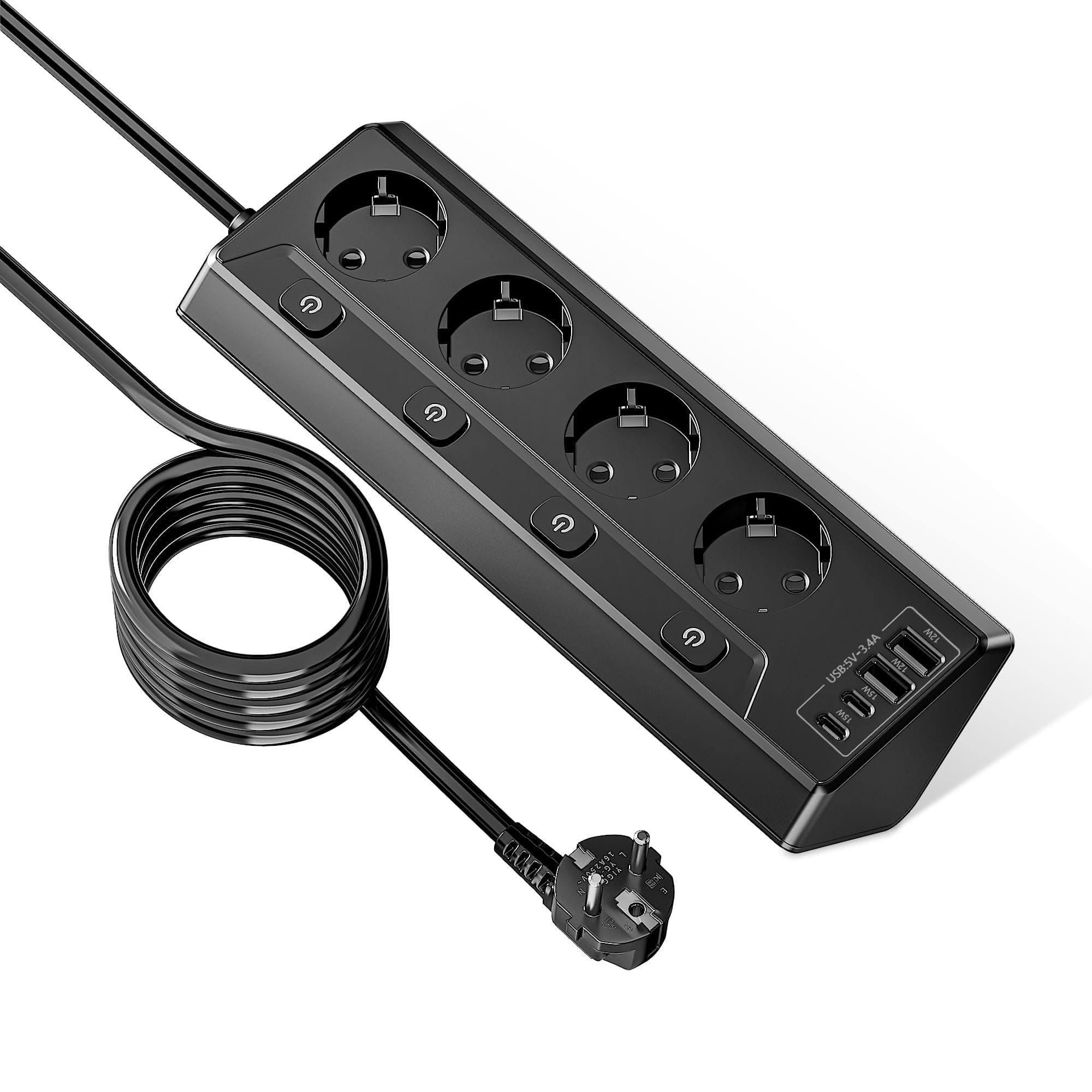 Ecksteckdose Küche 4 Fach, Tischsteckdose mit 2 USB C, Ecksteckdosenleiste mit 2 USB, Schreibtisch Steckdose, Küchensteckdose, Steckdosenleiste Wandmontage, Mehrfachsteckdose Schalter (2M)-Schwarz 4 Fach Ecksteckdose-Schwarz