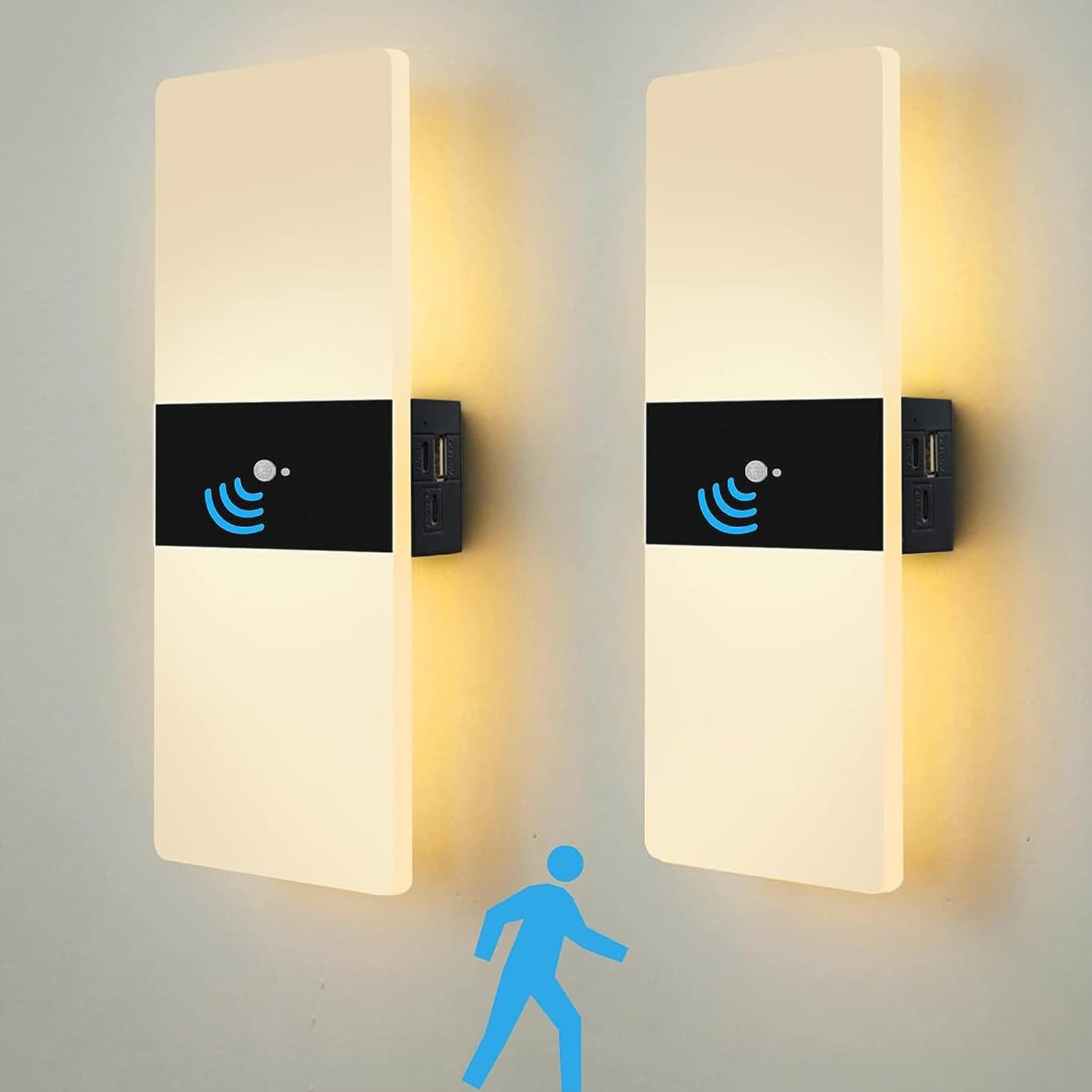 VOMI Akku Wandleuchte mit Bewegungsmelder, LED Innen Wandlampe Ohne Stromanschluss USB Aufladbare 4000mAh Batterie Magnetische Lampe 3000K Kabellose Wandbeleuchtung für Flur Treppen, 2 Stück Sensor 3000k