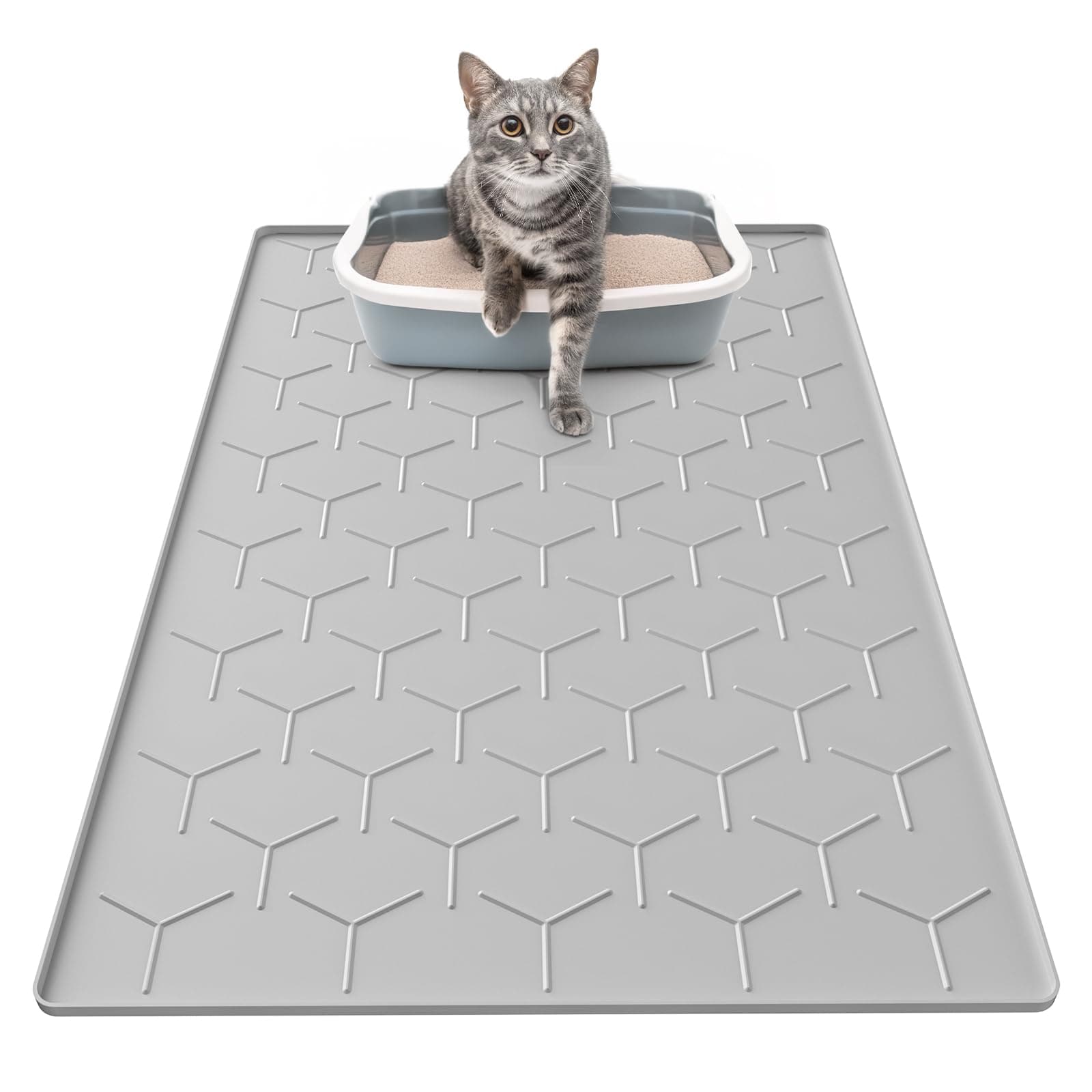 Garoopion Katzenklo Matte, 86x56cm Silikon Katzenstreu Matte Groß, wasserdichte Katzenmatte Katzenklo Unterleger, Katzenstreumatte, Leicht zu Reinigen, Grau 86x56cm Grau