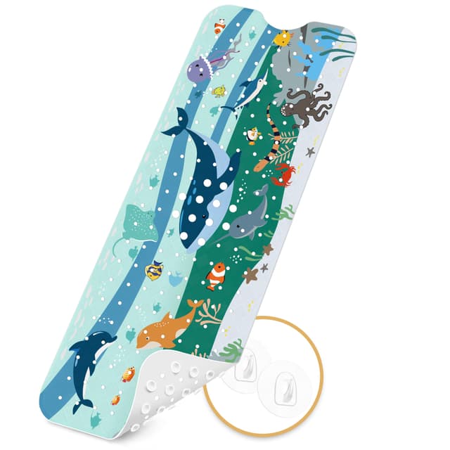 Badewannenmatten rutschfest Kinder,100% BPA frei Enthält 2 Haken zum Aufhängen,100x40cm,Antirutschmatte für Badewanne,Duschmatte,schimmelresistent & maschinenwaschbar,Badematte Kinder Badewanne Caribbean Sea