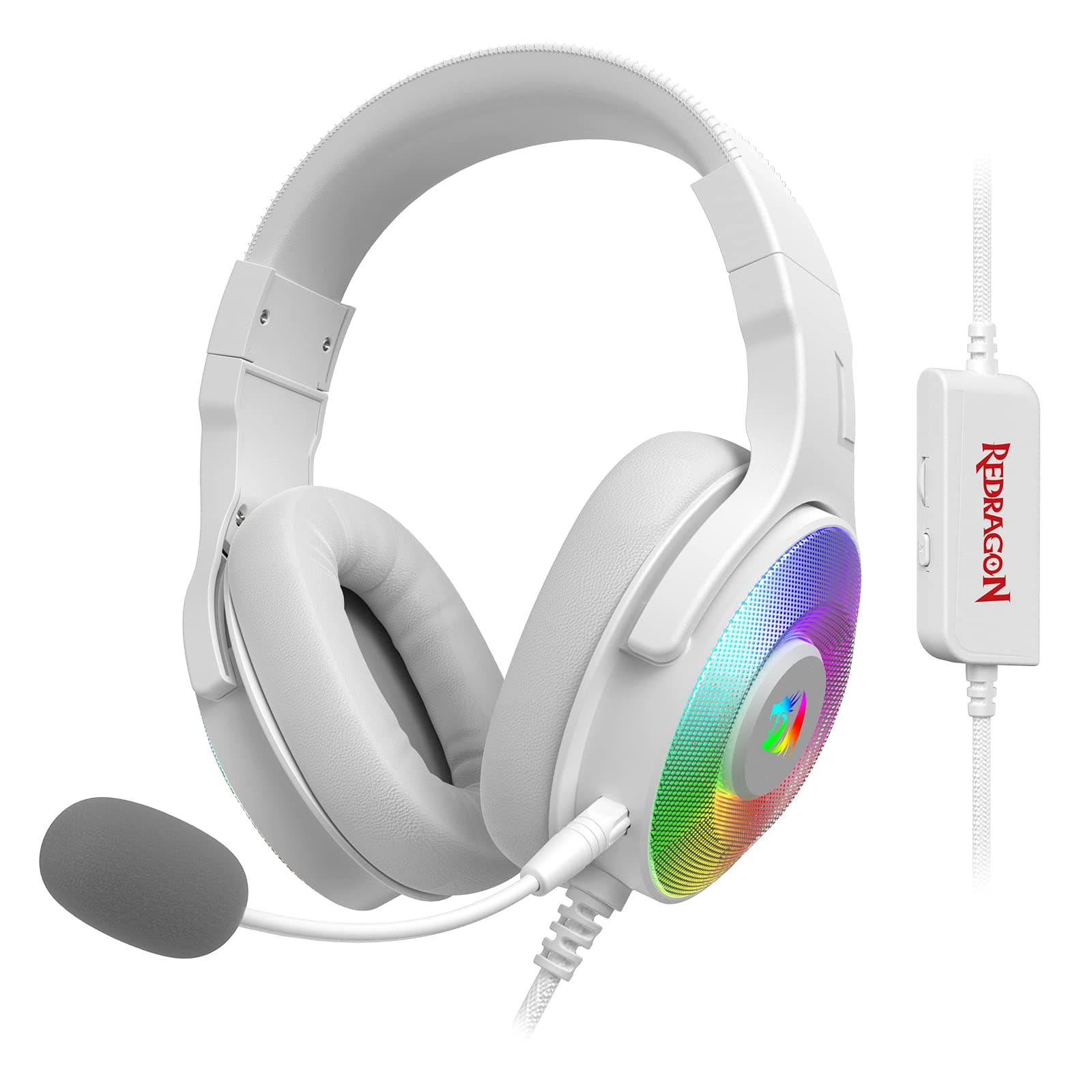 Redragon H350 RGB kabelgebundenes Gaming-Kopfhörer, dynamische RGB-Hintergrundbeleuchtung - Stereo-Surround-Sound - 50-mm-Treiber - abnehmbares Mikrofon, Over-Ear-Kopfhörer (Weiß) USB + 3.5mm Weiß
