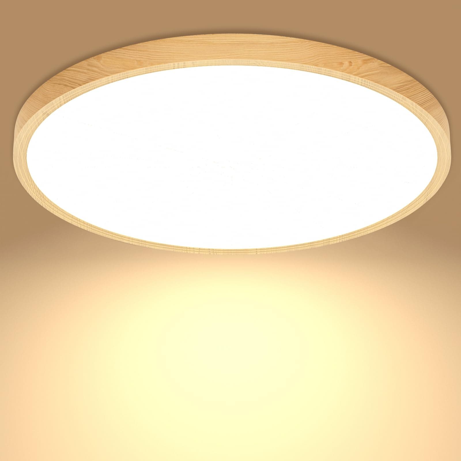 Deckenlampe Led Deckenleuchte Holzoptik Lampe, Flach Rund Badlampe Decke Ø30CM 24W 3000K 2400LM Warmweiss Wohnzimmer für Kinderzimmer Schlafzimmer Badzimmer Kinderzimmer Flur Bad Küche Keller Balkon Ø30CM + Holzoptik 3000k Warmes Licht