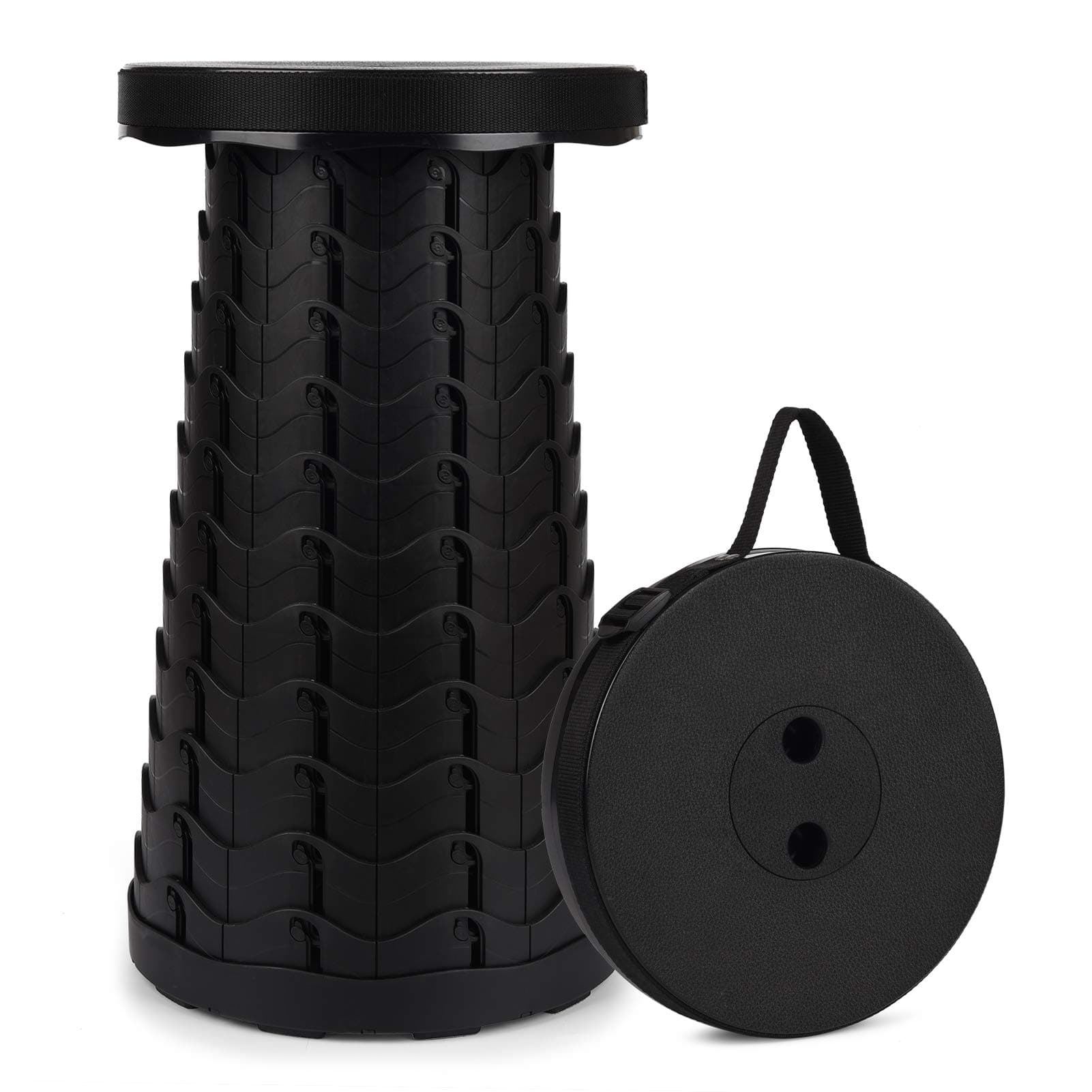 FIEMACH Tragbarer Klapphocker, Zweiten Generation Mini Teleskophocker Leichte Campinghocker für Outdoor Camping Angeln BBQ Drinnen Küche, Belastung 397 lb (Schwarz)