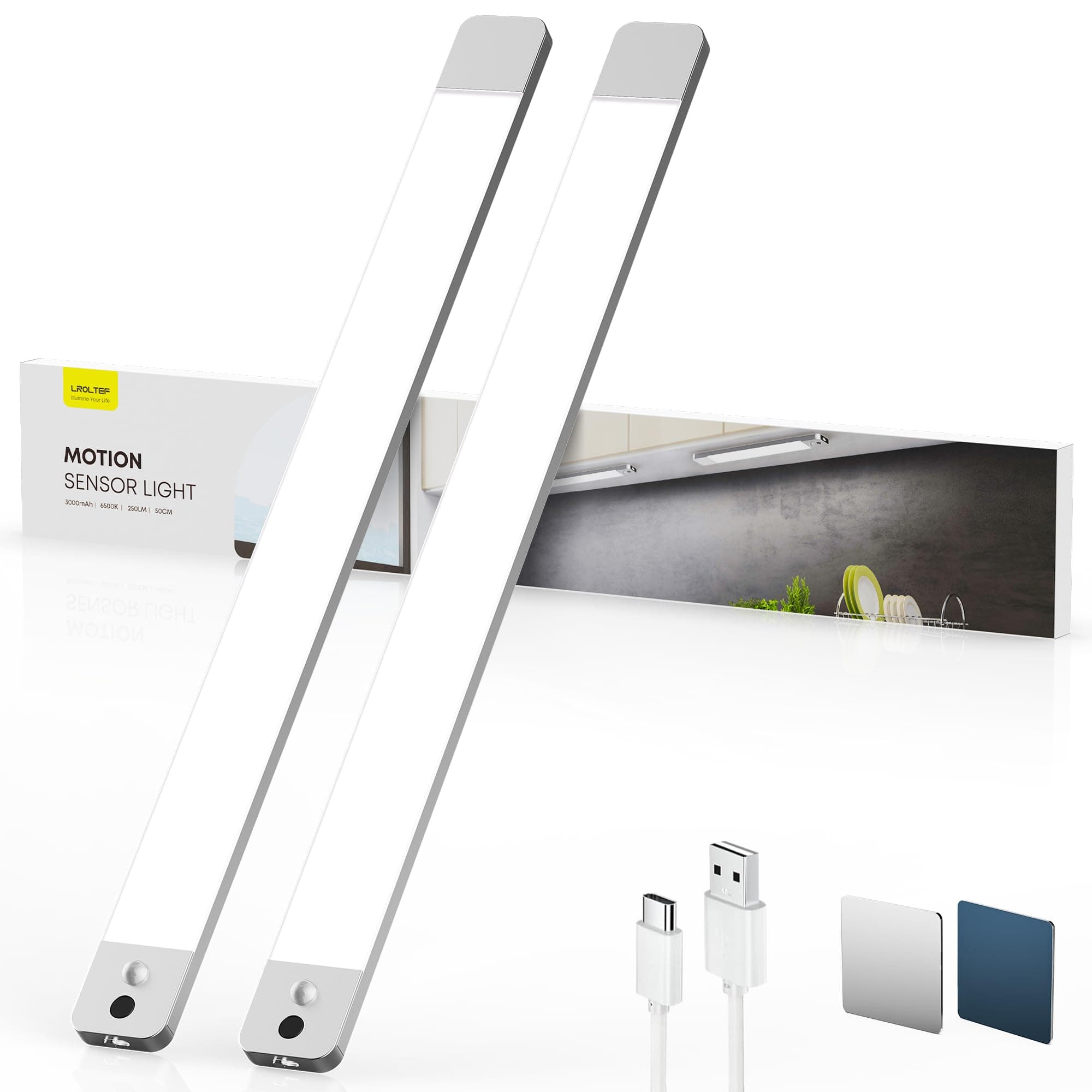 LROLTEF Schrankbeleuchtung Led Lampe mit Handwelle & Bewegungsmelder - 50cm 3000mAh Schranklicht Unterbauleuchte Küche Licht Dimmbar - Rahmenlos Magnetische Vitrinenbeleuchtung Leiste | 2 Stück 6500K 50cm*2