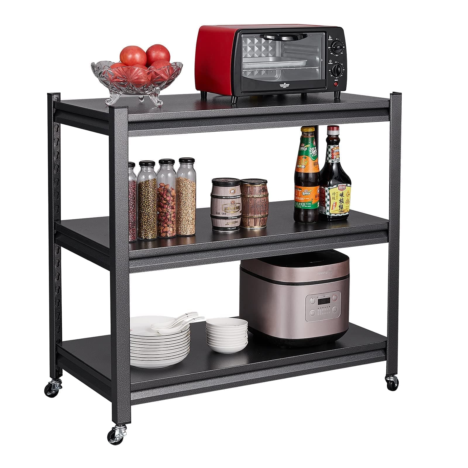 Sightlife Küchenregal 80x86x45cm, Küchenwagen Auf Rollen Rollwagen Metallregal Schwerlastregal Schwarz Mikrowellen Regal Werkzeugregal Standregale Kellerregal für Bad Küchen