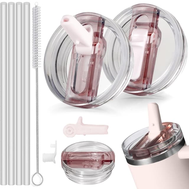 2 Stück Stanley Cup Deckel Auslaufsicher,Deckel für Stanley Cup 40oz,Auslaufsicherer Ersatzdeckel mit 4 Trinkhalmen and 1 Strohhalm Bürste,Ersatzdeckel für Stanley Cup Zubehör Wiederverwendbarer Xk-2 Leichte Pulver+4 Strohhalme+1 Bürste