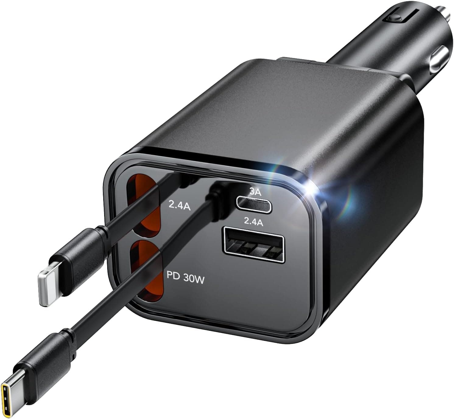 COCIVIVRE 4 in 1 Auto Ladegerät,Einziehbares Auto Schnellladegerät Zigarettenanzünder USB,Car Charger,Auto Adapter Kompatibel mit iPhone 16 15 14 Pro/Pro Max/Plus, Galaxy S24 23 22, Pixel,Huawei Mate Kabel für Apple +Type-c Schwarz