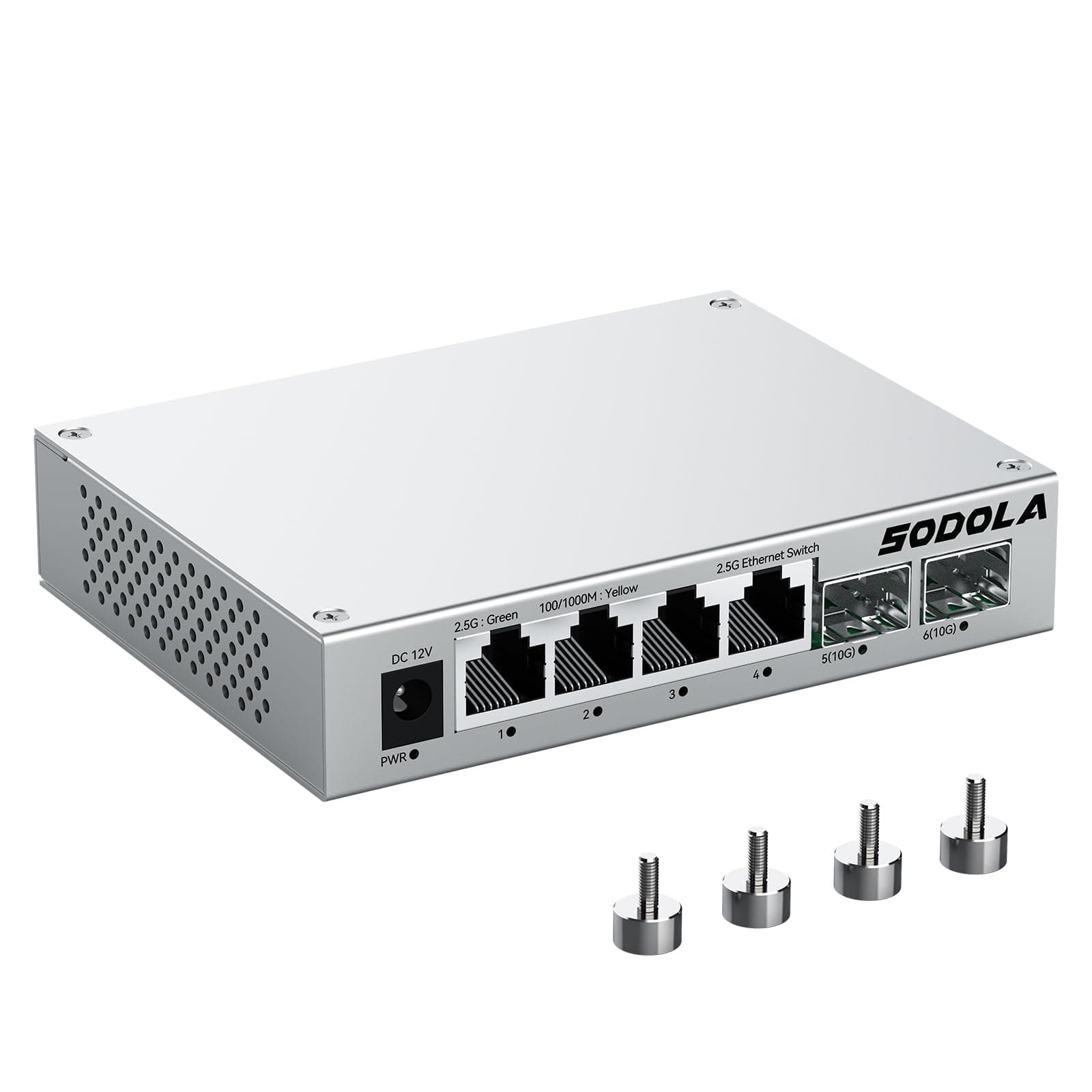 SODOLA 2.5 Gbit Switch– 4X 2,5G Base-T Ports + 2X 10G SFP+, Aluminiumkühlung & Magnetfüße, Lüfterlos, Steckerfertig, Unmanaged 2.5Gb Netzwerk-Switch für Wireless AP, NAS, PC 4X2.5G RJ45+2x10G SFP+(Unmanaged)