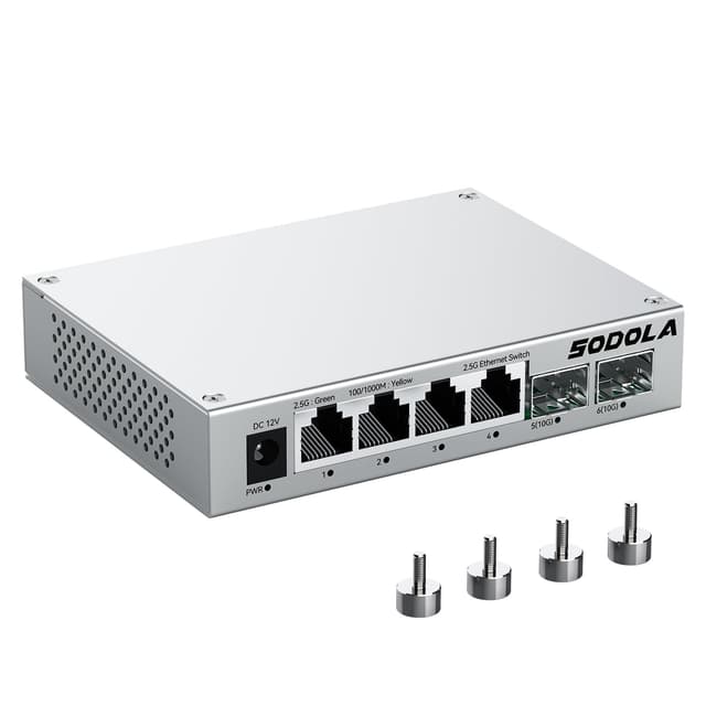 SODOLA 2.5 Gbit Switch– 4X 2,5G Base-T Ports + 2X 10G SFP+, Aluminiumkühlung & Magnetfüße, Lüfterlos, Steckerfertig, Unmanaged 2.5Gb Netzwerk-Switch für Wireless AP, NAS, PC 4X2.5G RJ45+2x10G SFP+(Unmanaged)