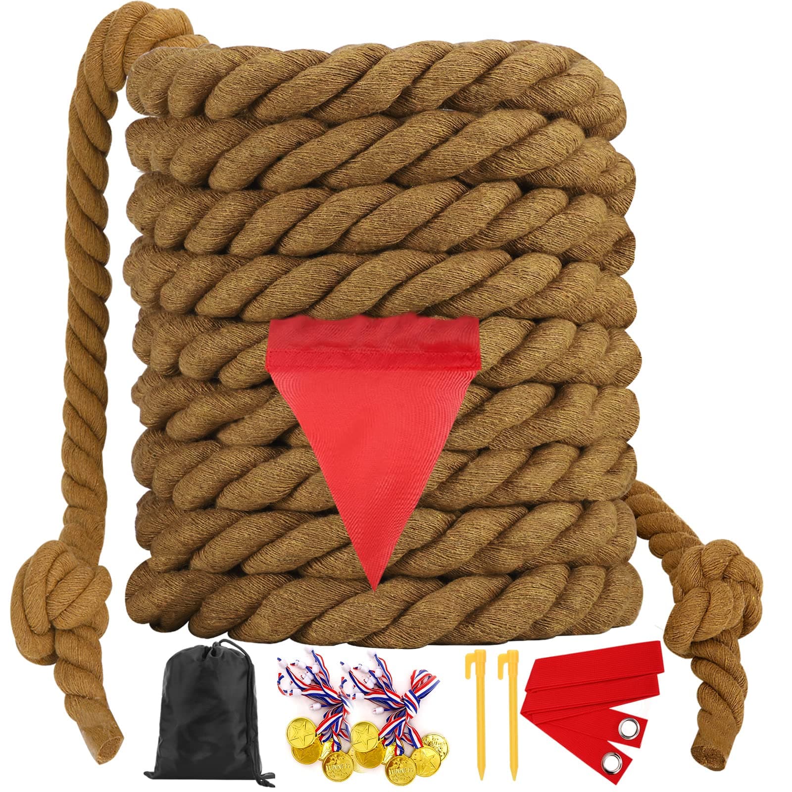 WYRJXYB Outdoorspiele Tauziehen Seilspiel 6M für Kinder Erwachsene, Outdoor Gartenspiele Kindergeburtstag Partyspiele,Tauziehseil mit Medaillen für Draußen Geburtstagsspiele,Braun 6M Braun