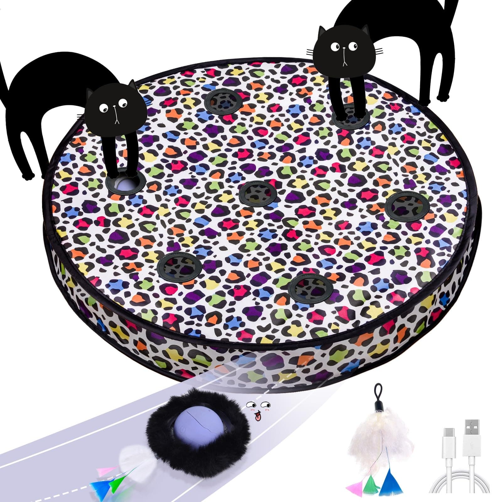 GoldenSun Katzenspielzeug, Automatischer, Schnell Rollender Ball im Beutel, Katzenspielzeug zum Verstecken für Hauskatzen, durch Bewegung Aktivierter, Beweglicher Ball, 7Loch-Matte, Mäusefangspiel Lila Ball & 7 Loch Matte