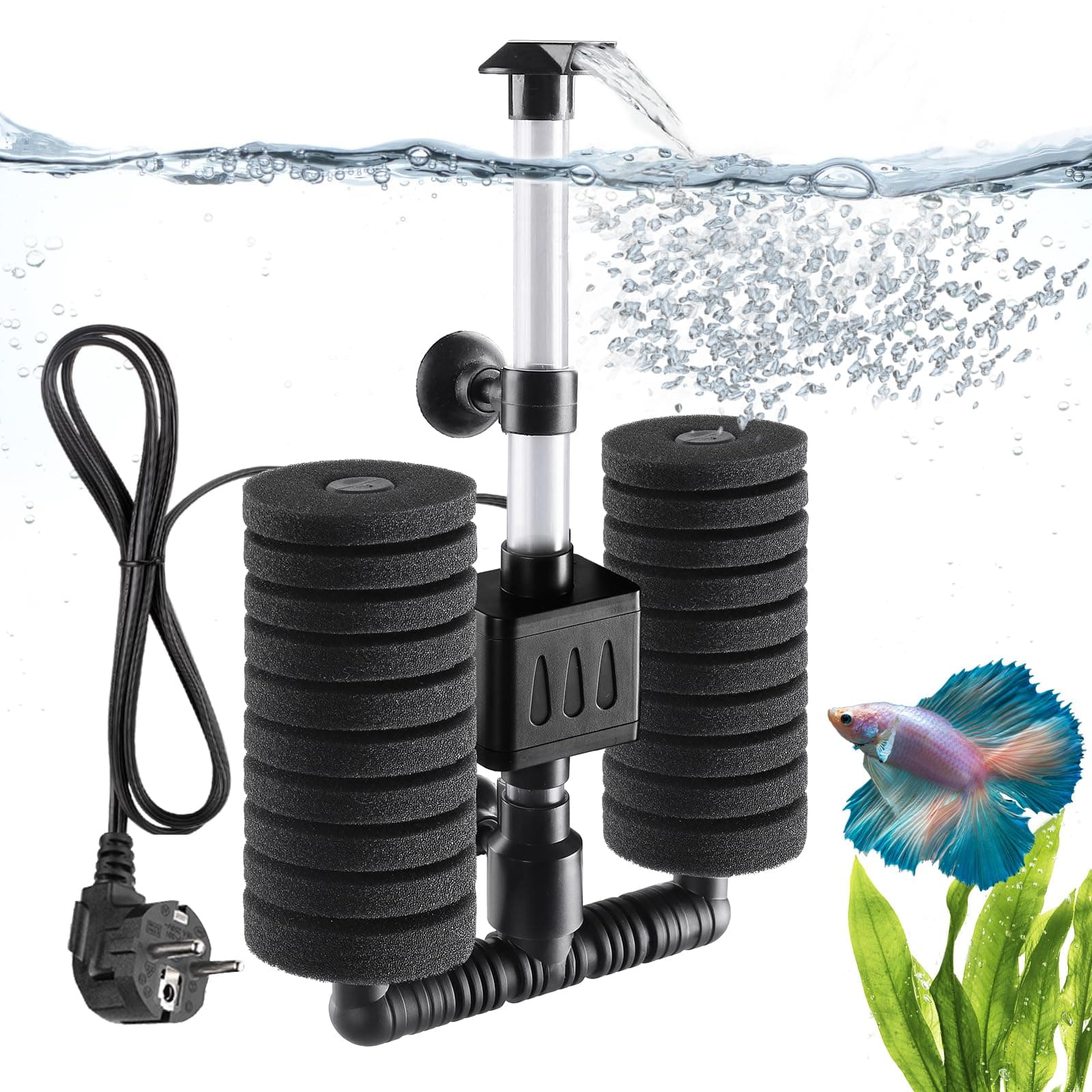 AQQA Aquarium Filter,5W Elektrischer Aquarium Innenfilter,Leiser Aquarien Schwammfilter mit 190L/H Wasserpumpe,Aquarium Pumpe mit Filter für bis zu 150L Aquarium