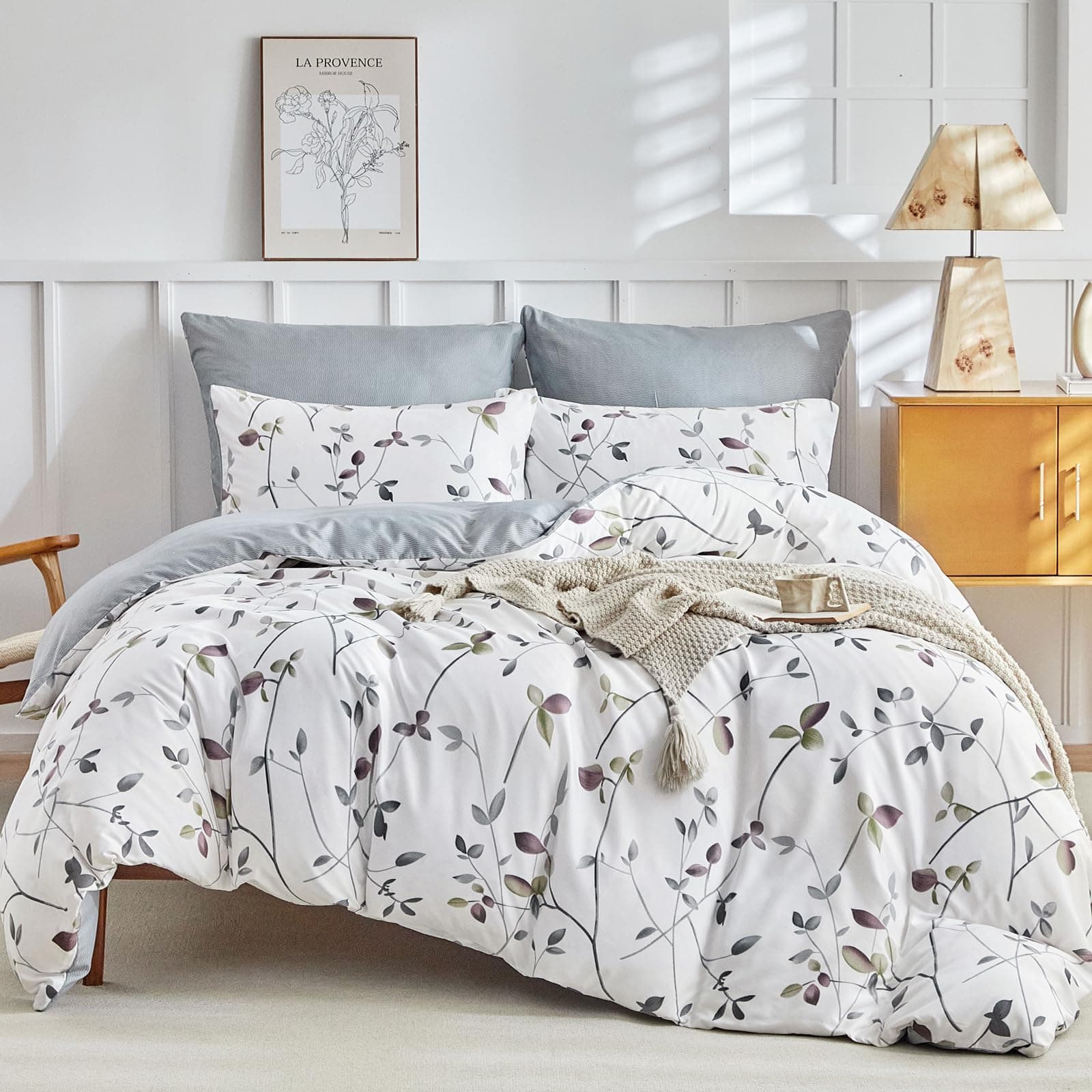 Tokokimo Bettwäsche 220x240 3teilig - Bettwäsche-Sets mit 2 Kopfkissenbezüge mit Reißverschluss 80x80 cm - Baumzweigmuster Mikrofaser Bettbezug für Doppelbetten mit Reißverschluss, Weiß 11 - Weiß/Grau 220x240cm + 80x80cm*2