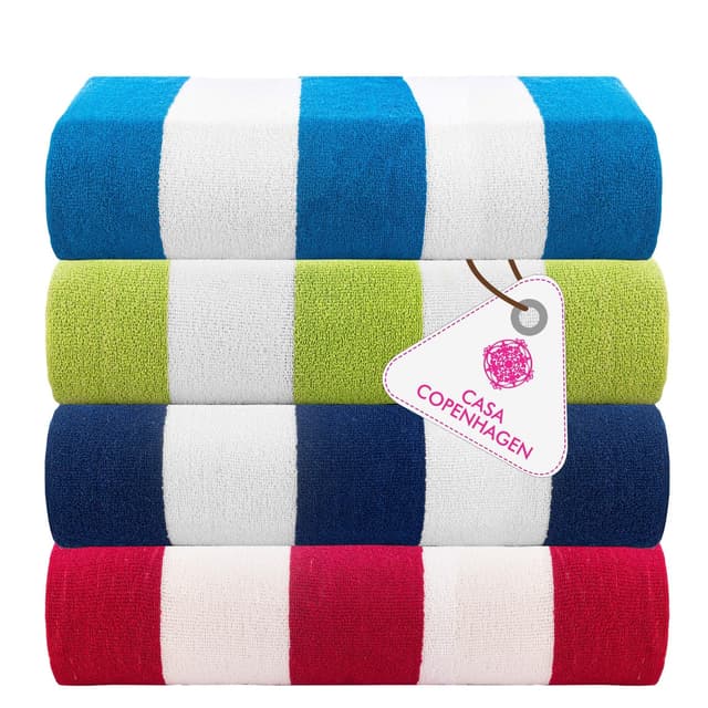 Casa Copenhagen Cabana Beach, entworfen in Dänemark, robust & langlebig, schnelltrocknend, Pool, Bad und Dusche, 76,2x152,4 cm, 4-teiliges Strandtuch-Set aus Baumwolle, Türkis, Königsblau, Rosa, Grün