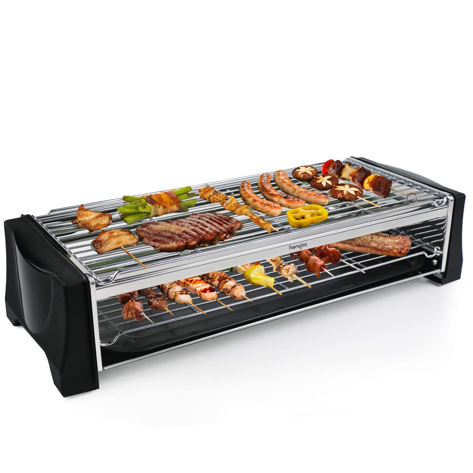 Tischgrill Elektrisch, Elektrogrill Doppelschicht, 2200W Elektro Grill Smokeless BBQ Grill für Balkon Indoor Party, Grillnetz aus Edelstahl, Schwarz
