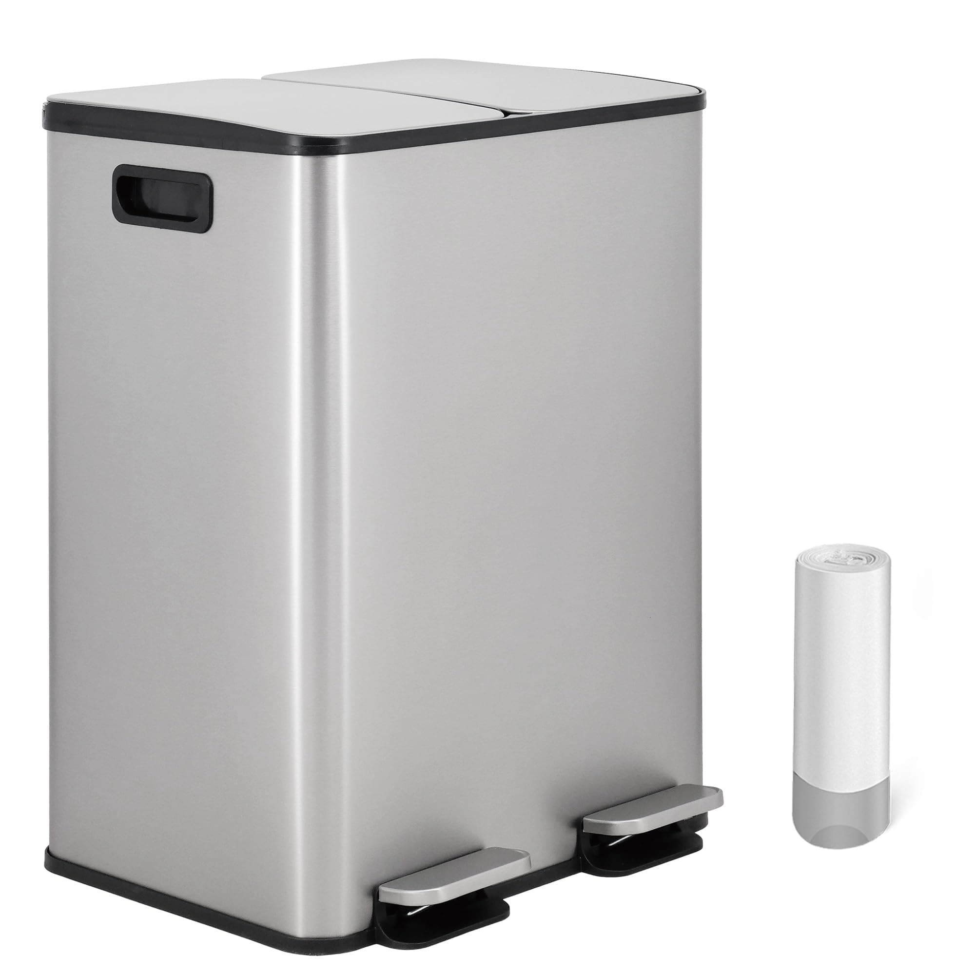 Vidacharmy Mülleimer 2 Fächer, 2 x 30L Abfalleimer Küche aus Metall, Mülltrennsystem, Doppelfach Treteimer mit Softclose Deckel und Inneneimer, Tretmülleimer mit 20 Müllsäcke, luftdicht, silbern