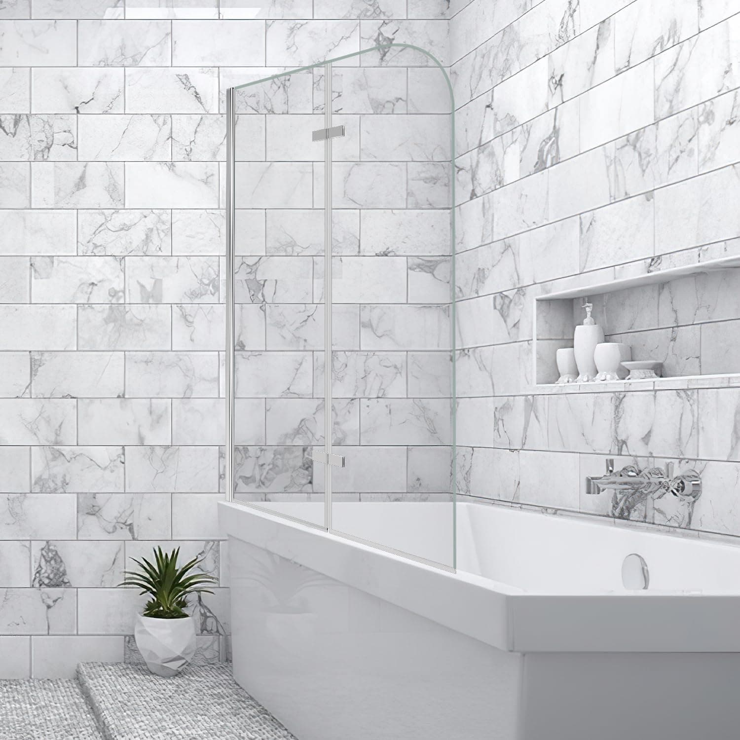 Jiubiaz Duschwand für Badewanne 100x140cm, 2 Teilige Faltbare Glas Duschtrennwand aus 6mm Sicherheitsglas (EGS), Badewannenaufsatz, Silber Transparent 100*140cm-Silber Transparent