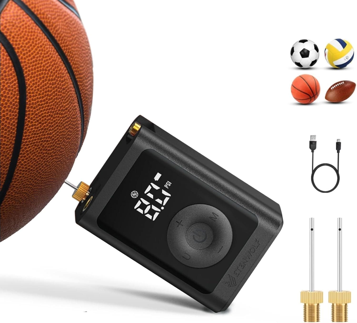ETENWOLF Elektrische Ballpumpe,Tragbare Luftpumpe Aufblas und Abpumpfunktion 0,14-1,17 Bar,Basketballpumpe mit präzisem Manometer, Wiederaufladbare Luftpumpe für Bälle, ballpumpe fußball(2 Nadel)