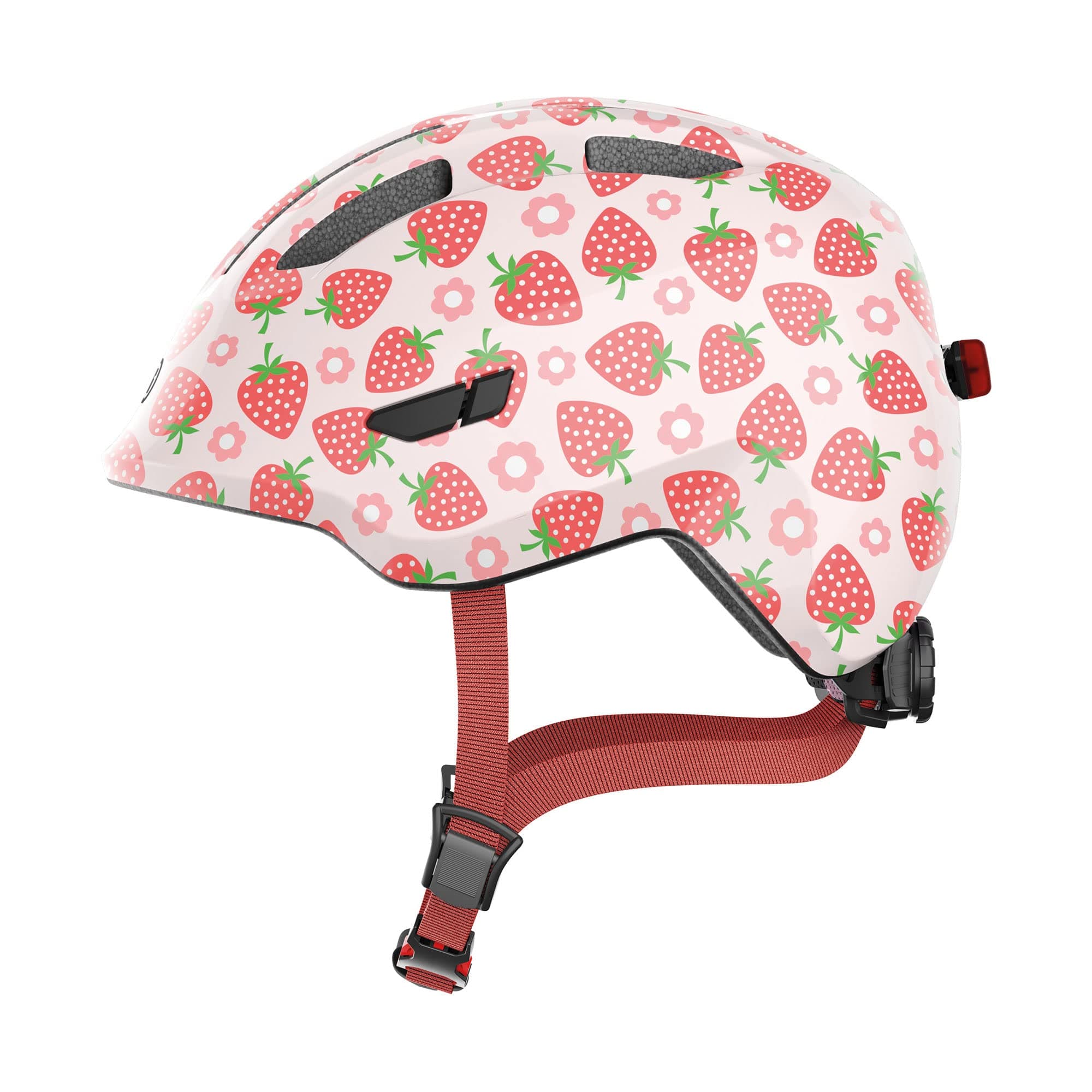 ABUS Kinderhelm Smiley 3.0 LED - Fahrradhelm mit Licht - Tiefe Passform & Platz für einen Zopf - für Mädchen und Jungs Rosa (rose strawberry) M (50-55 cm)