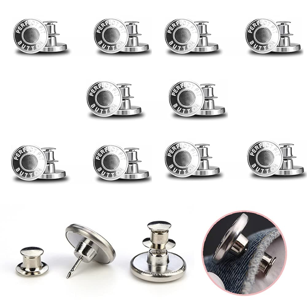 10 Stück Jeans Knöpfe Ohne Nähen, 17mm Button Pins, Hosenknöpfe Zum Stecken, DIY Jeansknopf, Hosen Enger Machen, zum Erweitern oder Reduzieren der Hosengröße Silber