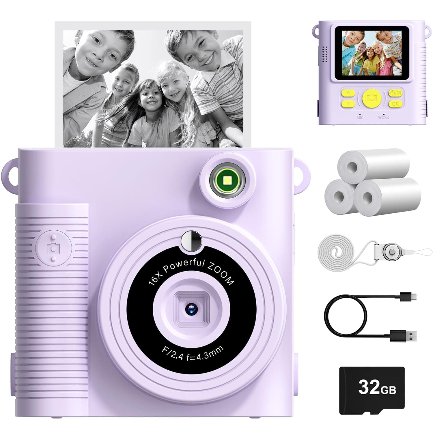 FNITAER Kinderkamera, 2,4 Zoll Sofortbildkamera, 1080P HD Kamera fotokamera mit 32 GB Karte und 3 Rollen Druckfotopapier, Kamera Kinder für 3–12 Jahre alte Jungen und Mädchen purple
