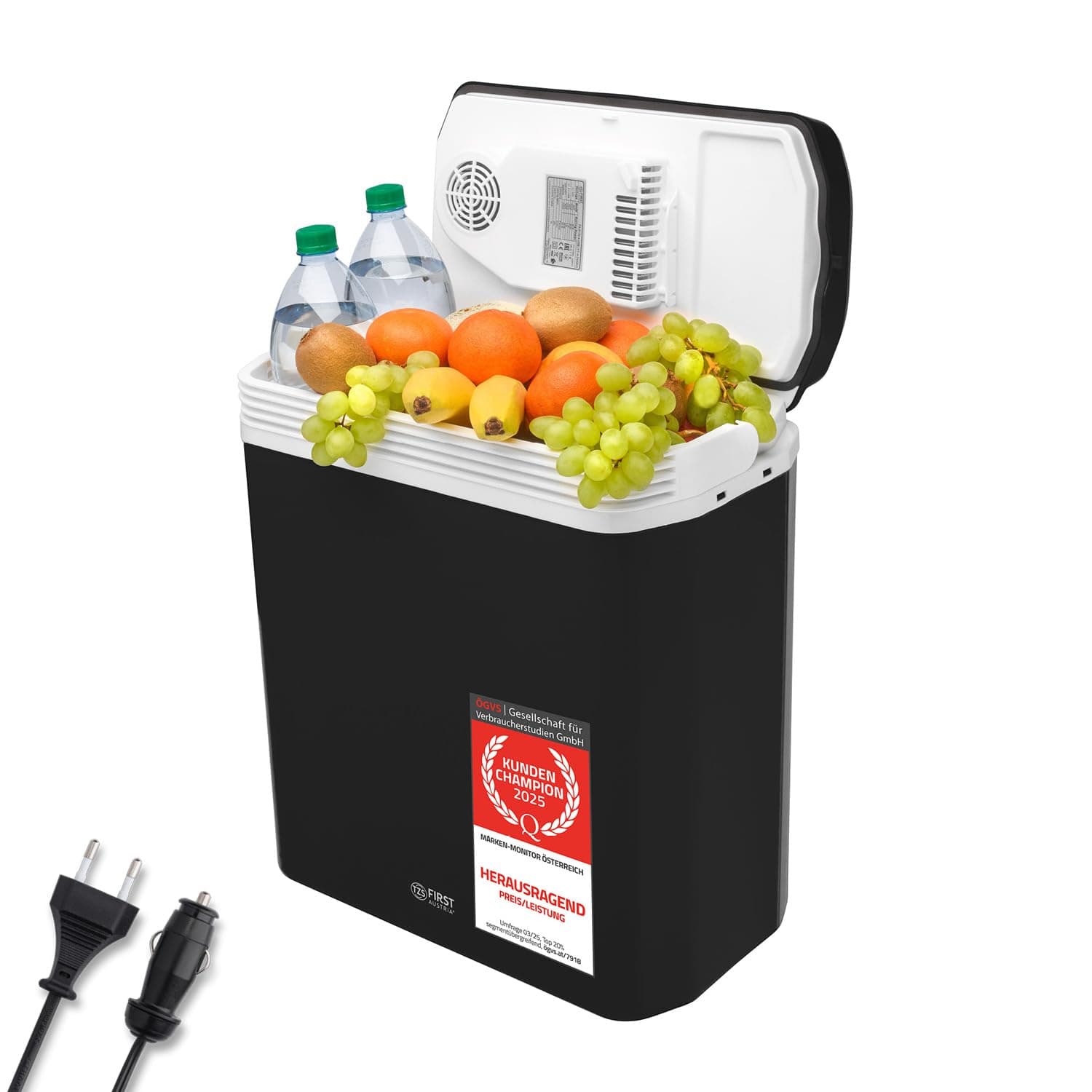 TZS First Austria - Kühlbox 24L elektrisch 12V 230V Anschluss für Auto & Steckdose - Thermoelektrische Cool Box kühlt & wärmt - Mini Kühlschrank mit Griff - Für Camping, Festivals, Reisen - Schwarz Schwarz/Weiß
