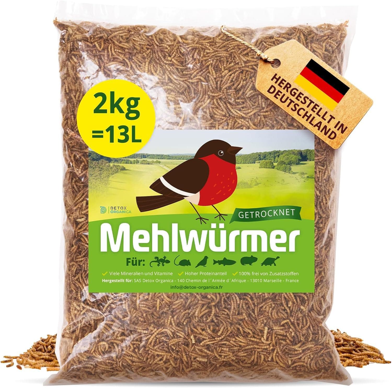 Detox Organica Mehlwürmer Getrocknet, 2Kg (13L) getrocknete Mehlwürmer mit sehr hohem Proteingehalt, Würmer für Reptilien, Vögel, Wildvögel, Igel, Fische, Schildkröten & Nager – Premium Qualität 2 kg (1er Pack)