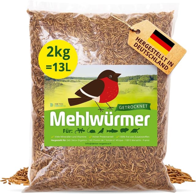 Detox Organica Mehlwürmer Getrocknet, 2Kg (13L) getrocknete Mehlwürmer mit sehr hohem Proteingehalt, Würmer für Reptilien, Vögel, Wildvögel, Igel, Fische, Schildkröten & Nager – Premium Qualität 2 kg (1er Pack)