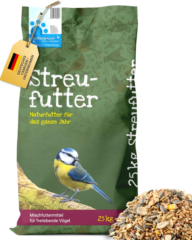 Futterbauer 25kg Winterstreufutter für Vögel, Premium Wildvogelfutter für den Winter, Energiereiches Streufutter für Wildvögel