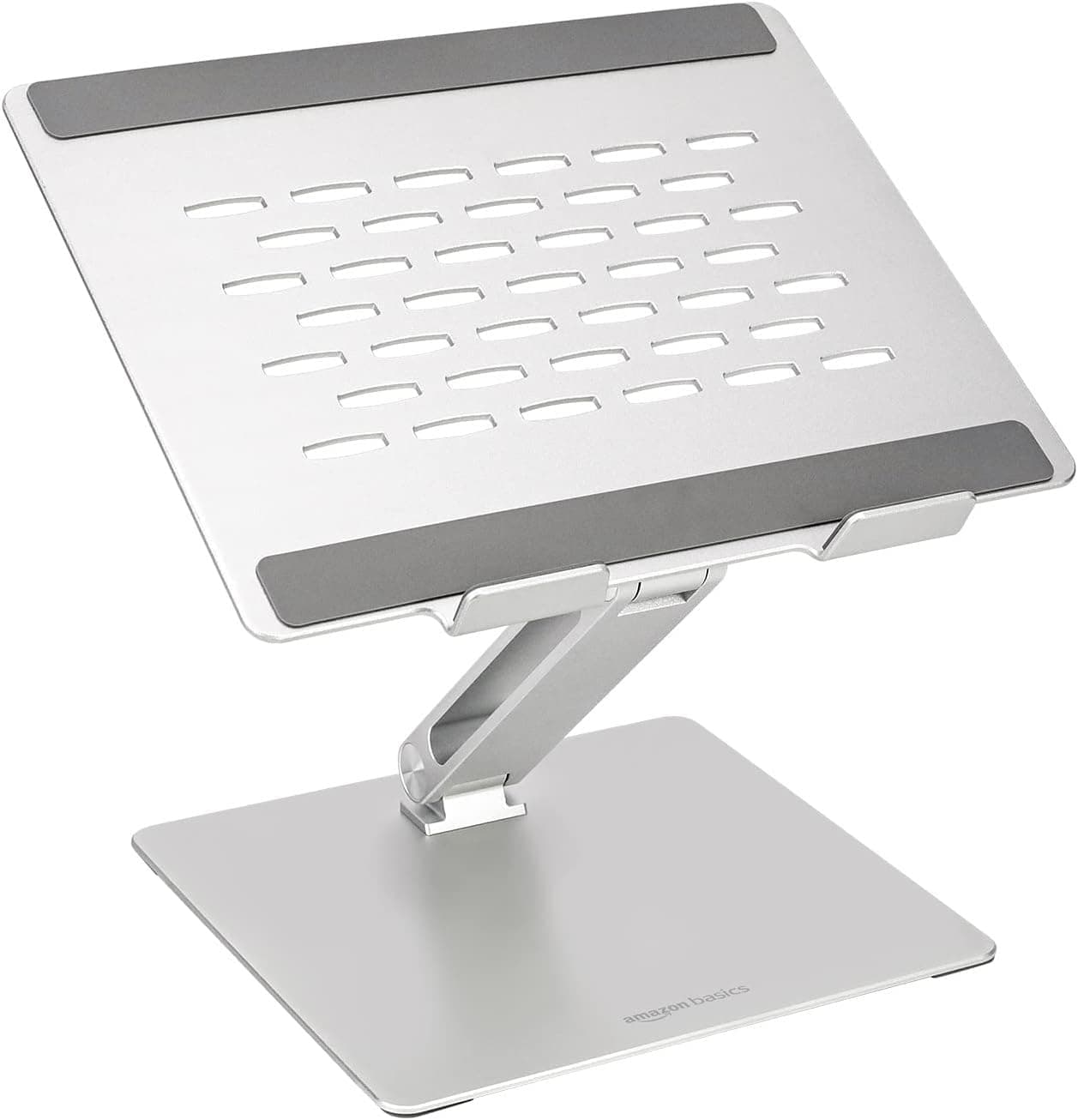 Amazon Basics Verstellbarer ergonomischer Laptopständer mit Wärmeabzug, stufenlose Höhen- und Winkelverstellung, ideal für einen Laptop bis 43,9 cm (17,3 Zoll), 27.9 x 23 x 5.6 cm, Silber