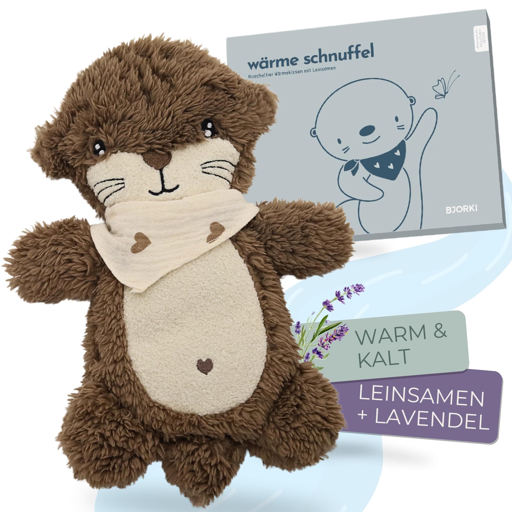 BJORKI Wärmekissen Baby & Kinder - Kuscheltier Wärmekissen mit Leinsamen Füllung für die Mikrowelle - Perfekt als Schlummer Kuscheltier und beruhigendes Kuschelkissen für Wärme & Wohlbefinden Kleiner Otter