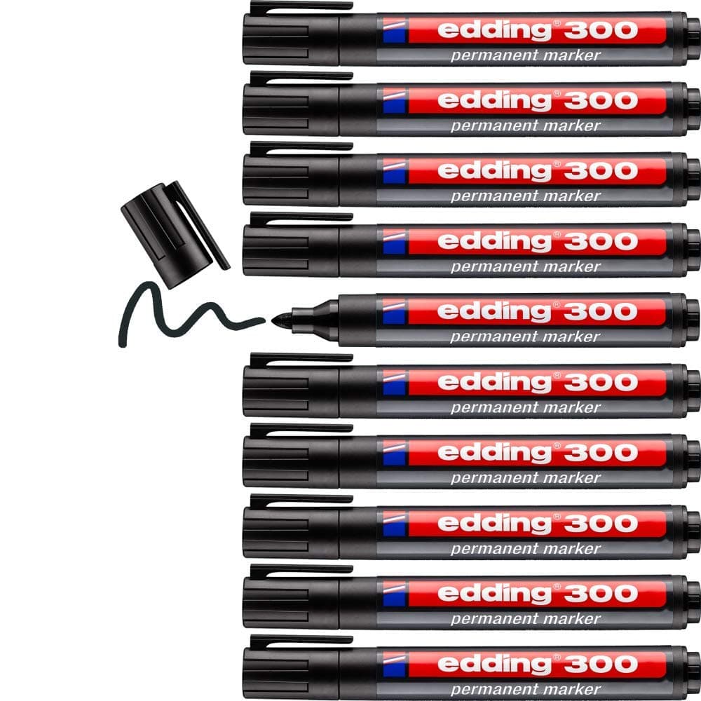edding 300 Permanentmarker - schwarz - 10 Stifte - Rundspitze 1,5-3 mm - wasserfest, schnell-trocknend - wischfest - für Karton, Kunststoff, Glas, Holz, Metall, Glas (01: 10 Stifte - Schwarz) Angebot bei HelloDeals