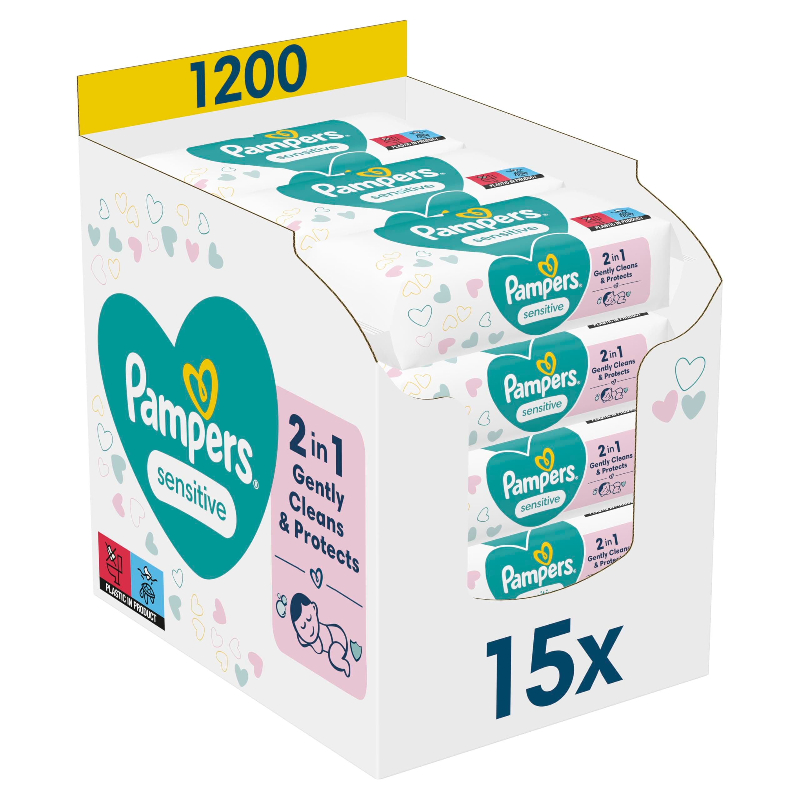 Pampers Sensitive Feuchttücher 15 Packungen mit 80 Stück, 1200 Feuchttücher, ohne Duft, für eine sanfte und weiche Reinigung 1200 stück (1er Pack)