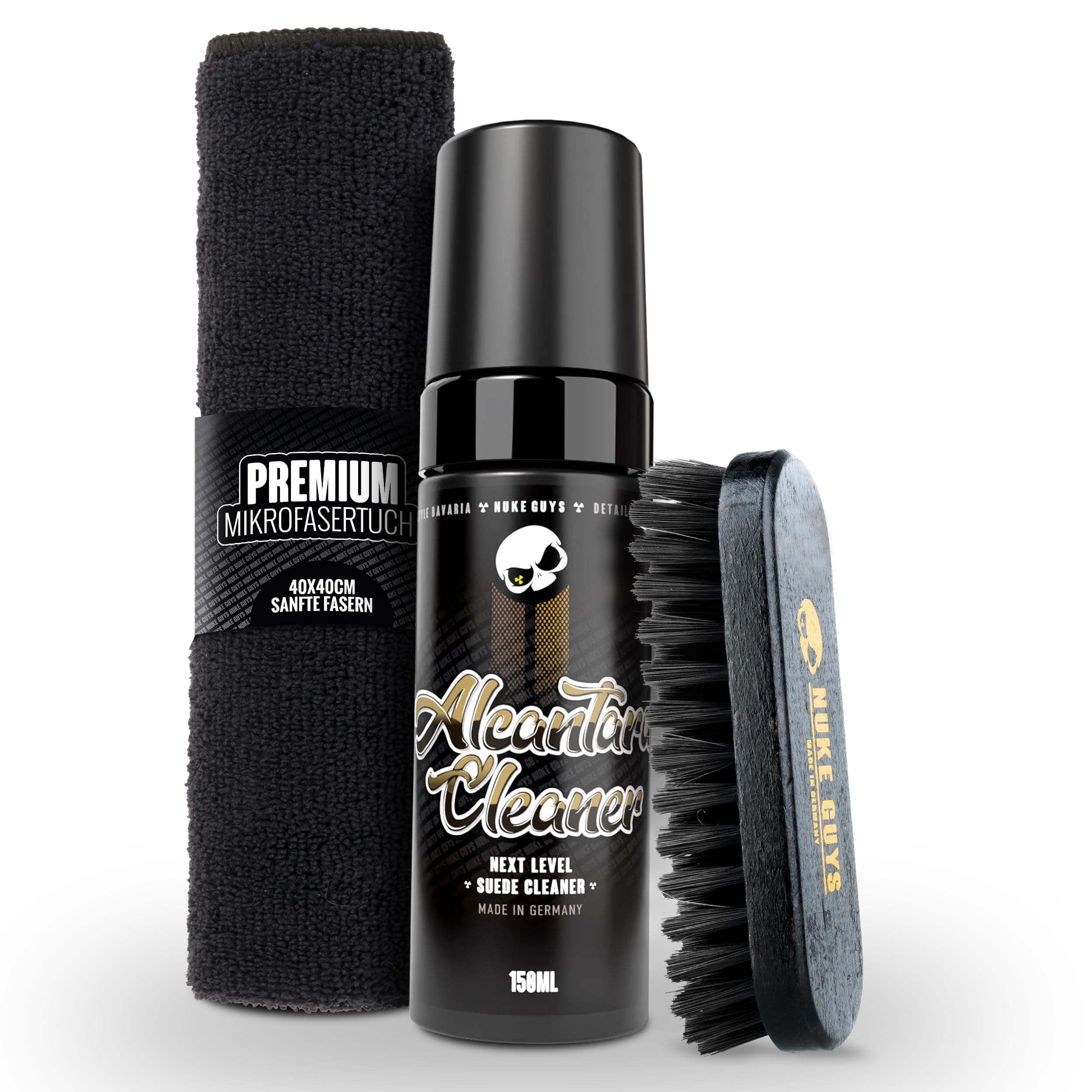 Nuke Guys AlcantaraReiniger Set | 150ml Reiniger geeignet für alle Alcantara Oberflächen + weiche Textilbürste + Mikrofasertuch | Porentiefe Reinigung & Pflege für Sofa Couch Sitze Lenkrad AlcantaraReiniger 150ml + Zubehör