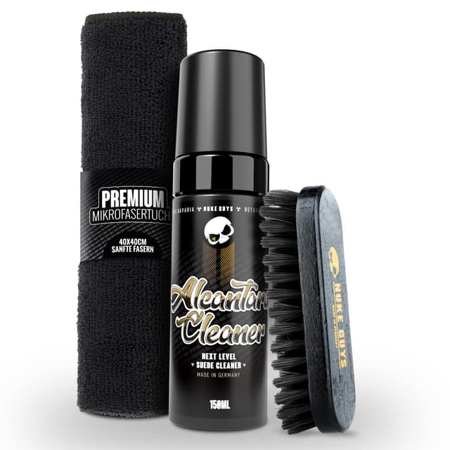 Nuke Guys AlcantaraReiniger Set | 150ml Reiniger geeignet für alle Alcantara Oberflächen + weiche Textilbürste + Mikrofasertuch | Porentiefe Reinigung & Pflege für Sofa Couch Sitze Lenkrad AlcantaraReiniger 150ml + Zubehör
