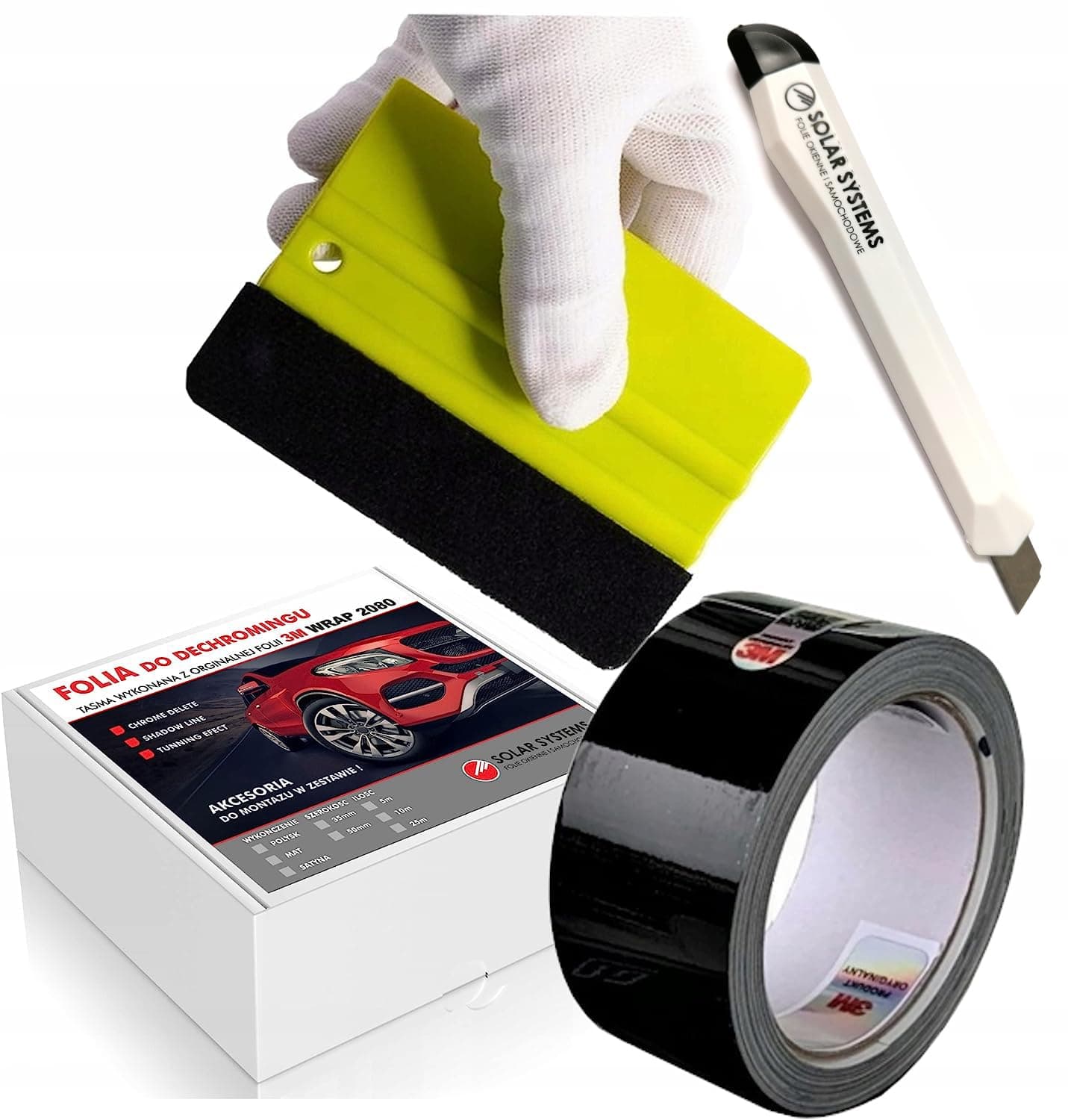 Solar Systems 3M WRAP 2080 Selbstklebende Autofolie - Entchromung Klebeband + Rakel und Messer - Auto Tuning - Auto Folie Schwarz Glanz 5cm x 10m
